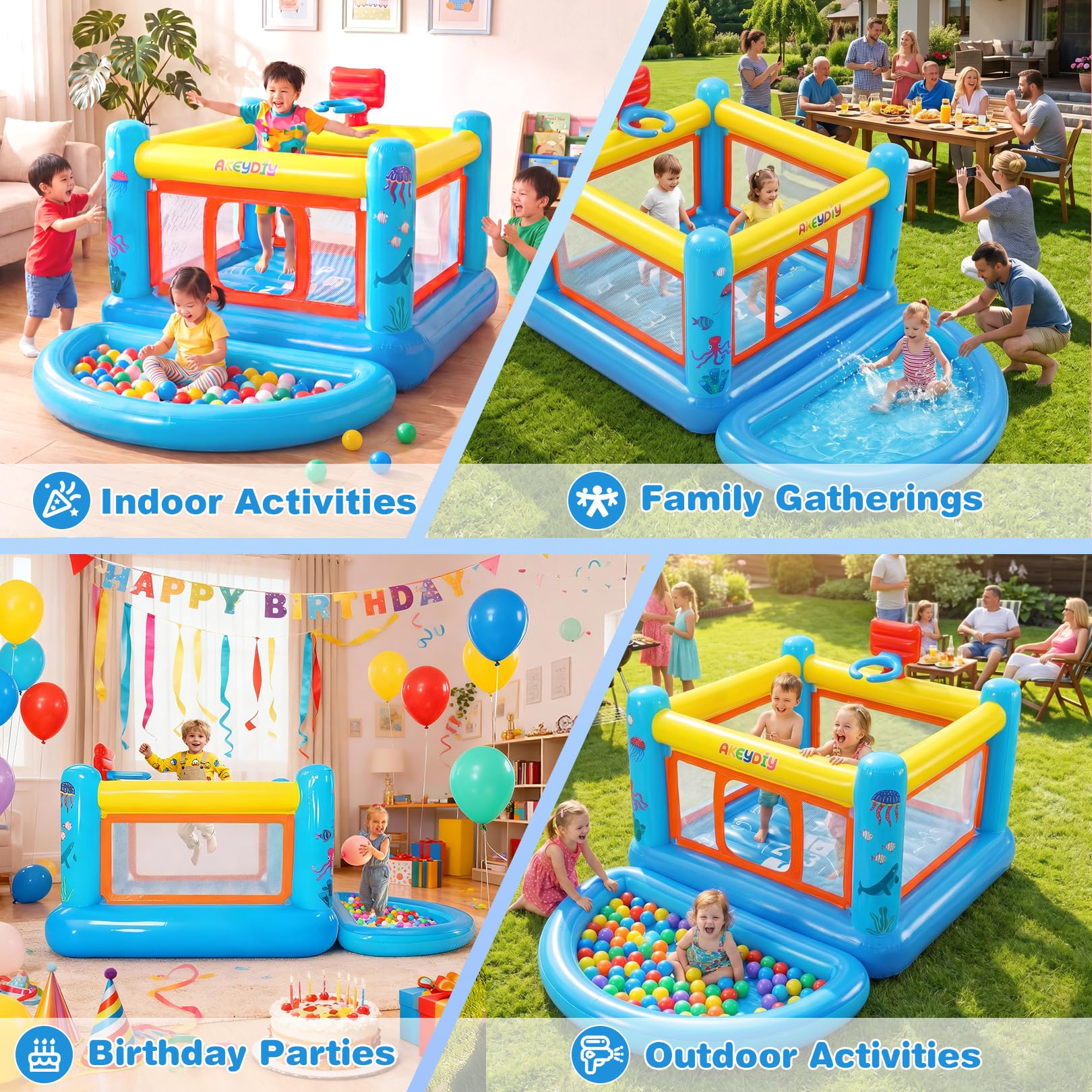 AKEYDIY Bounce House for Kids 3-6, Small Inflatable Bounce House PVC with Basketball Hoop & Hopscotch Game for Indoor/Outdoor Play (Small Bounce House