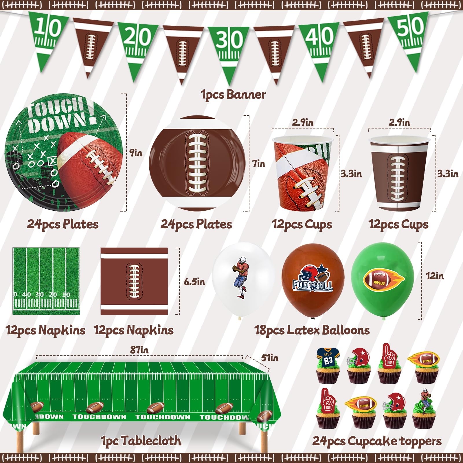 140PCS Football Party Supplies Tableware Set Serve 24, Football Birthday Party Decorations Includes Plates Napkins Cups Banner Balloons Cake