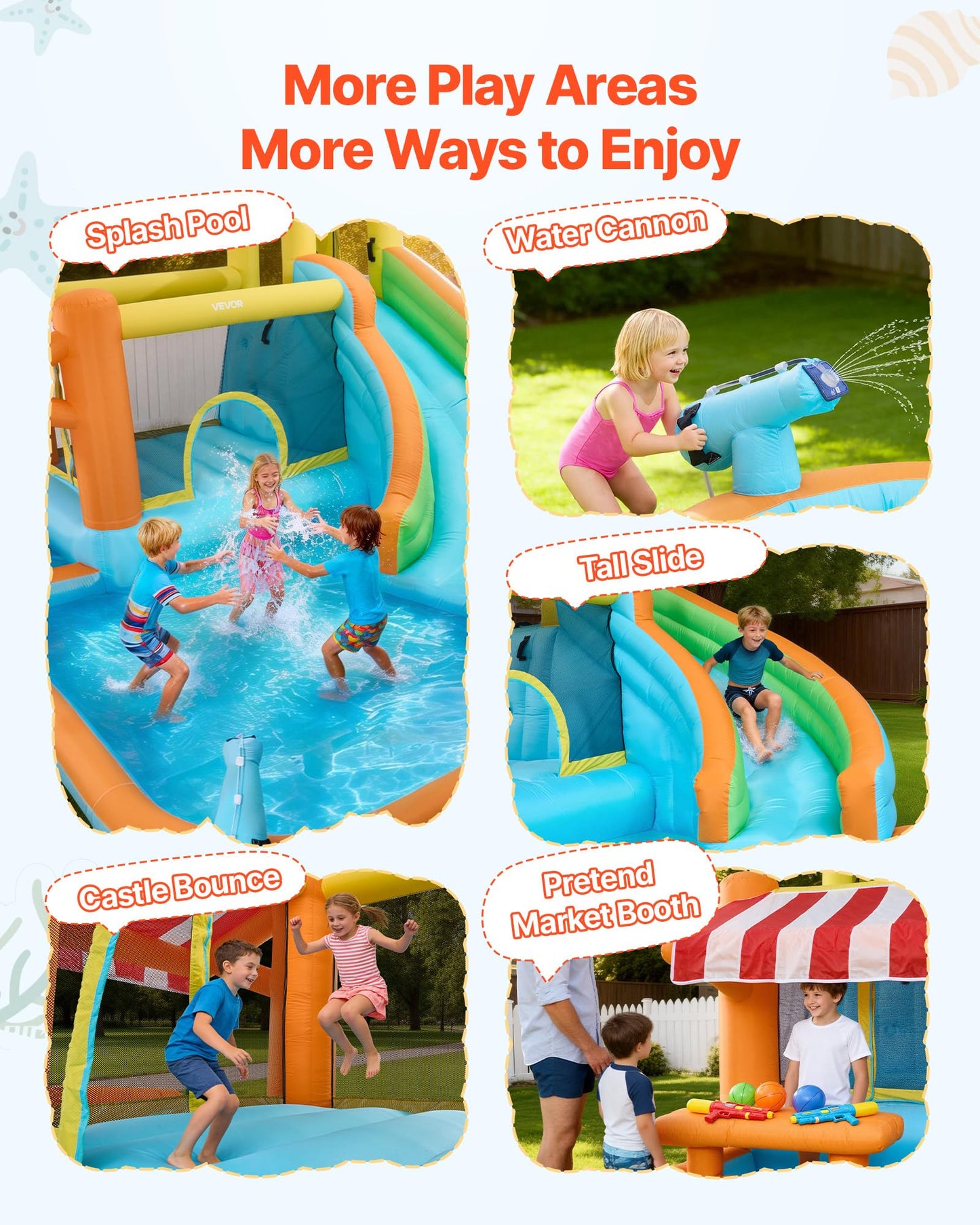 VEVOR Inflatable Pretend Market Bounce House with Blower, Large 6-in-1 Kids Water Slide Castle with Splash Pool, Climbing Wall, Play Booth & Bounce