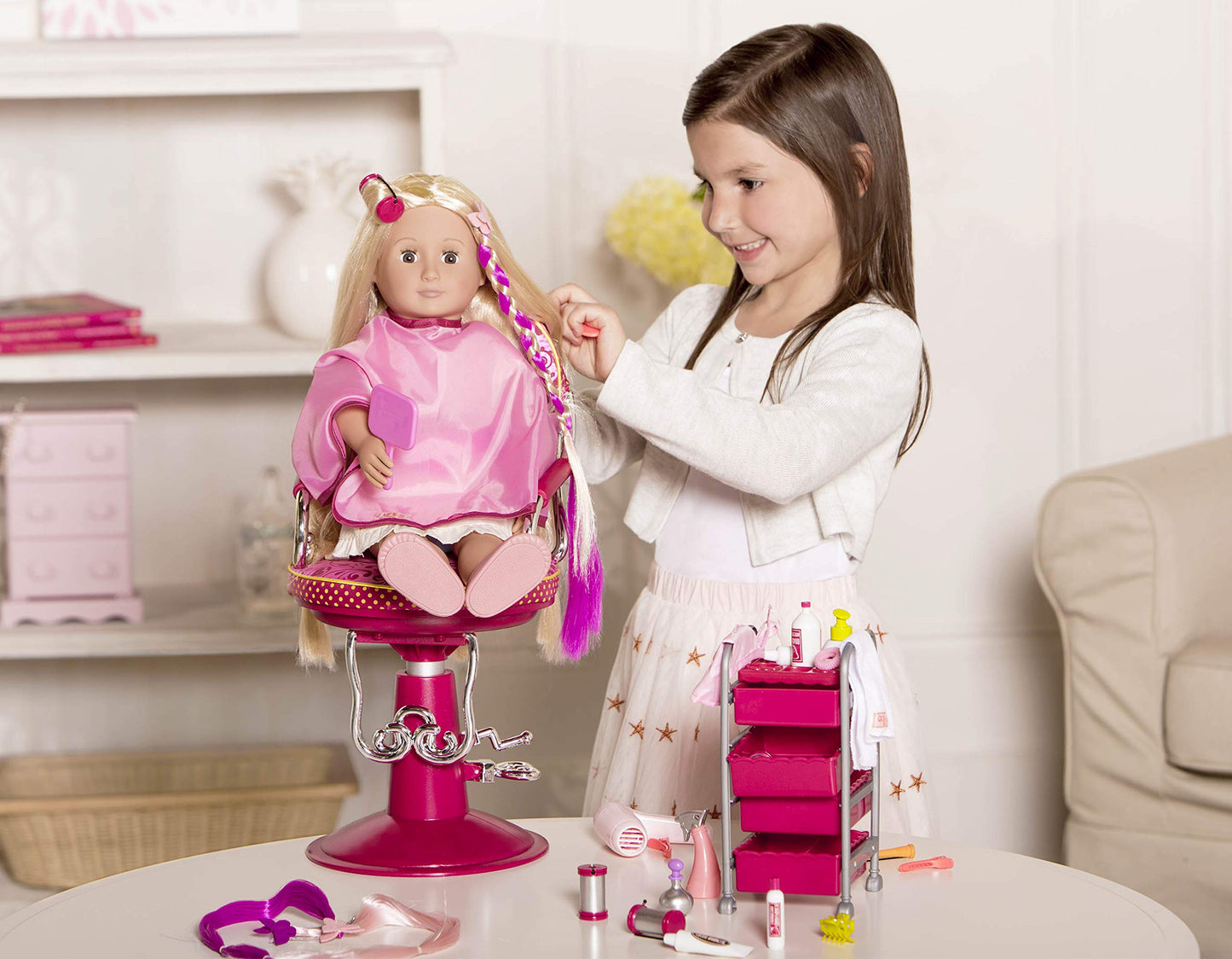 Our Generation - Berry Nice Salon Set - Rolling Storage Cart - Salon Cape & Hair Styling Items - 18-Inch Doll Accessories - Pretend Play - Toy for