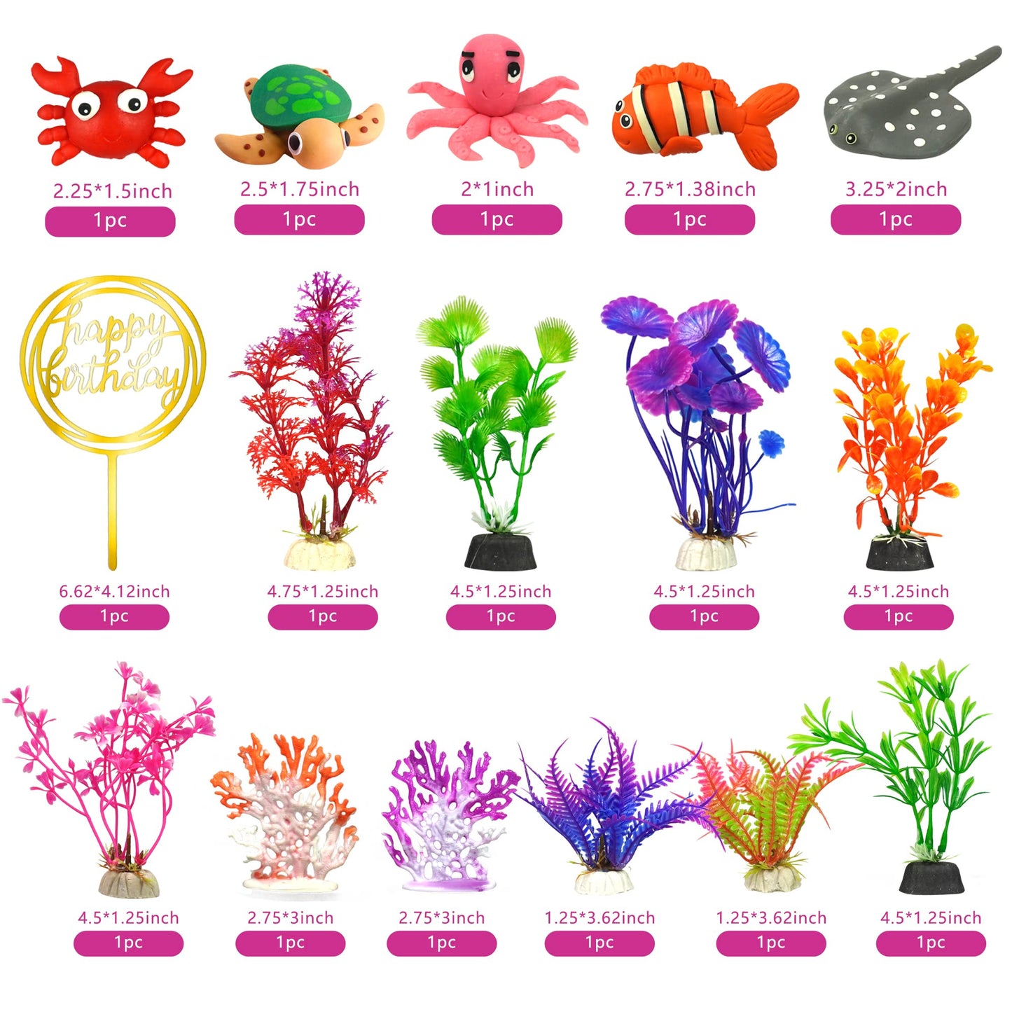 16 PCS Sea Ocean Cake Toppers Under the Sea Ocean Animals Birthday Cake Decorations for Sea Ocean Theme Baby Shower Birthday Party Supplies (Ocean)