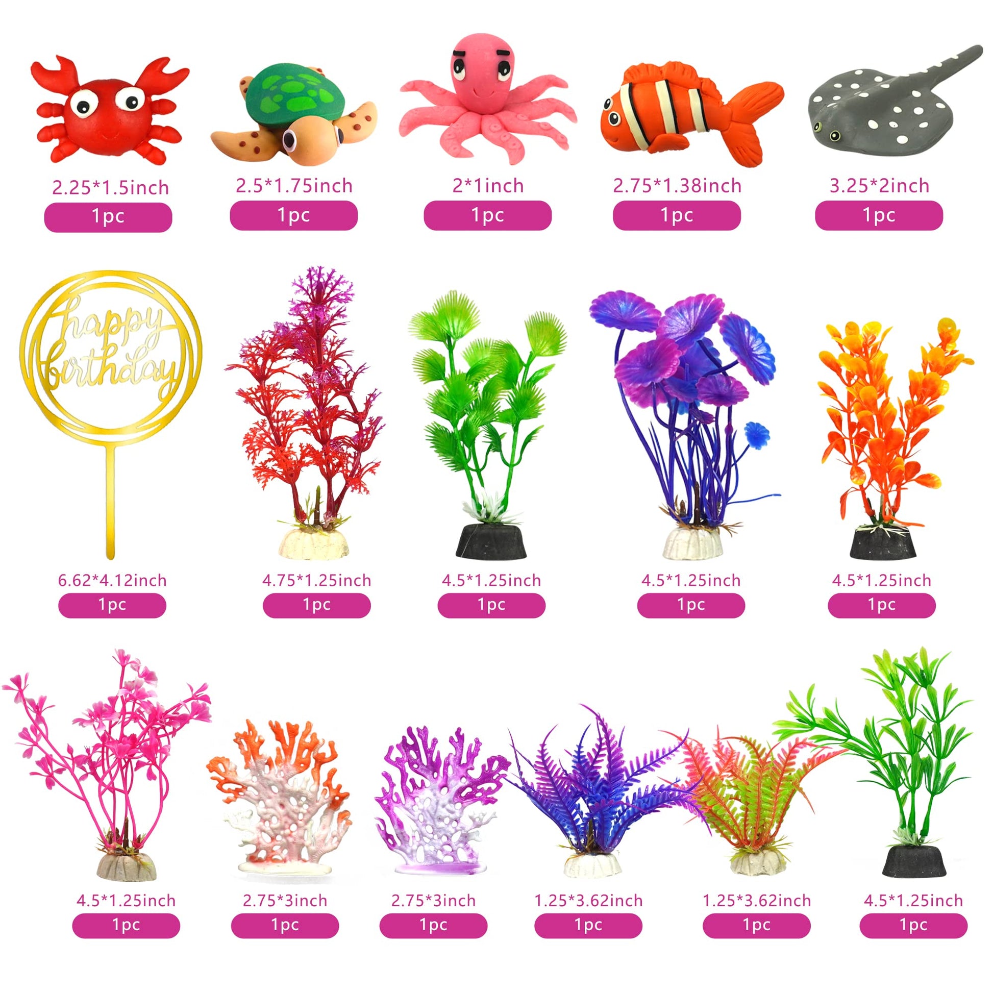 16 PCS Sea Ocean Cake Toppers Under the Sea Ocean Animals Birthday Cake Decorations for Sea Ocean Theme Baby Shower Birthday Party Supplies (Ocean)