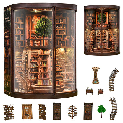 Book Nook Kit for Adults - DIY Miniature Wisdom Library Dollhouse, Book Nook Tiny House Bookshelf Decor Creative 3D Wooden Puzzle, Wooden Adult Craft