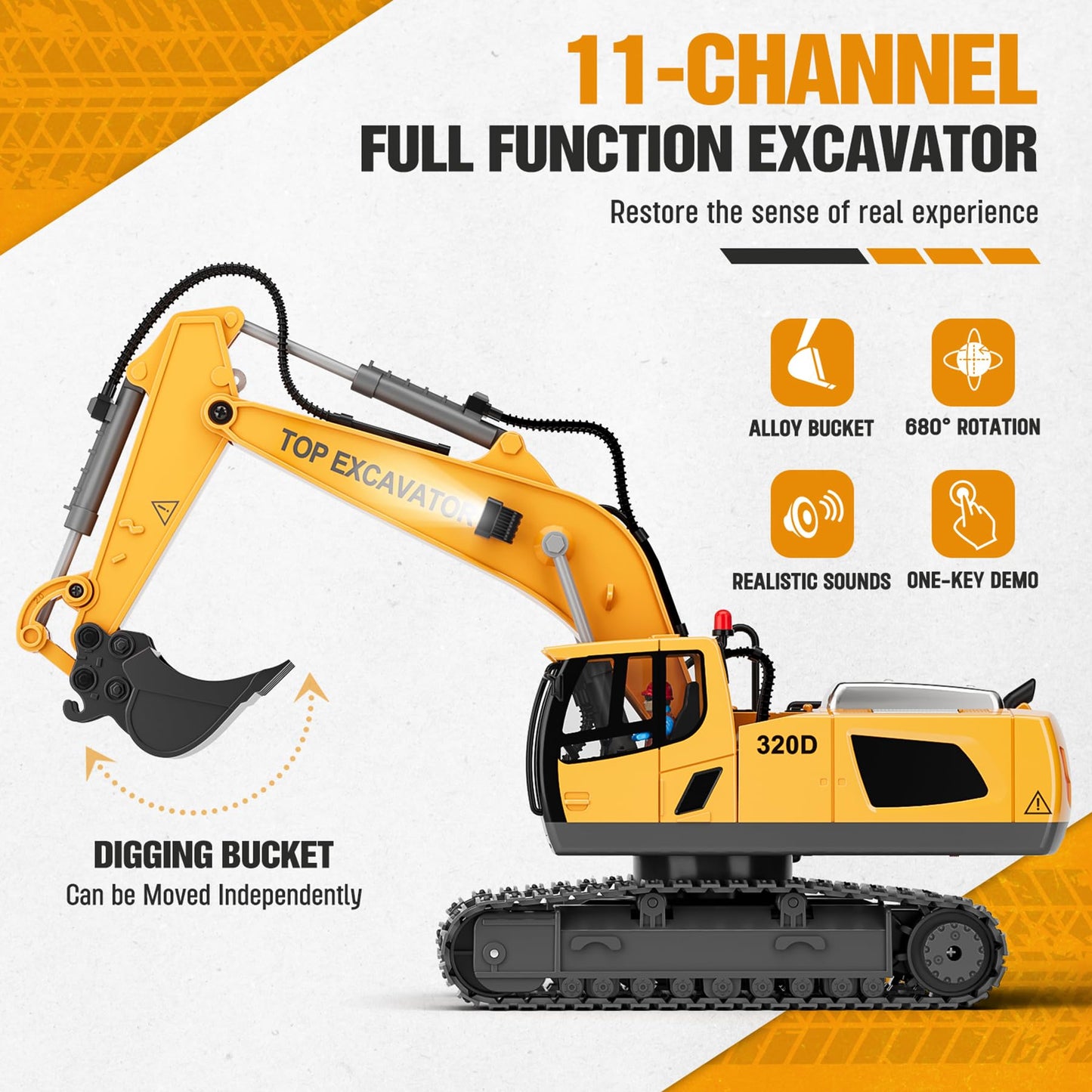 KIDMARKT Remote Control Excavator Toy for Boys | 11-Channel Metal Construction Truck with Lights, 2×1200mAh Batteries, 120-Min Playtime | RC Excavator