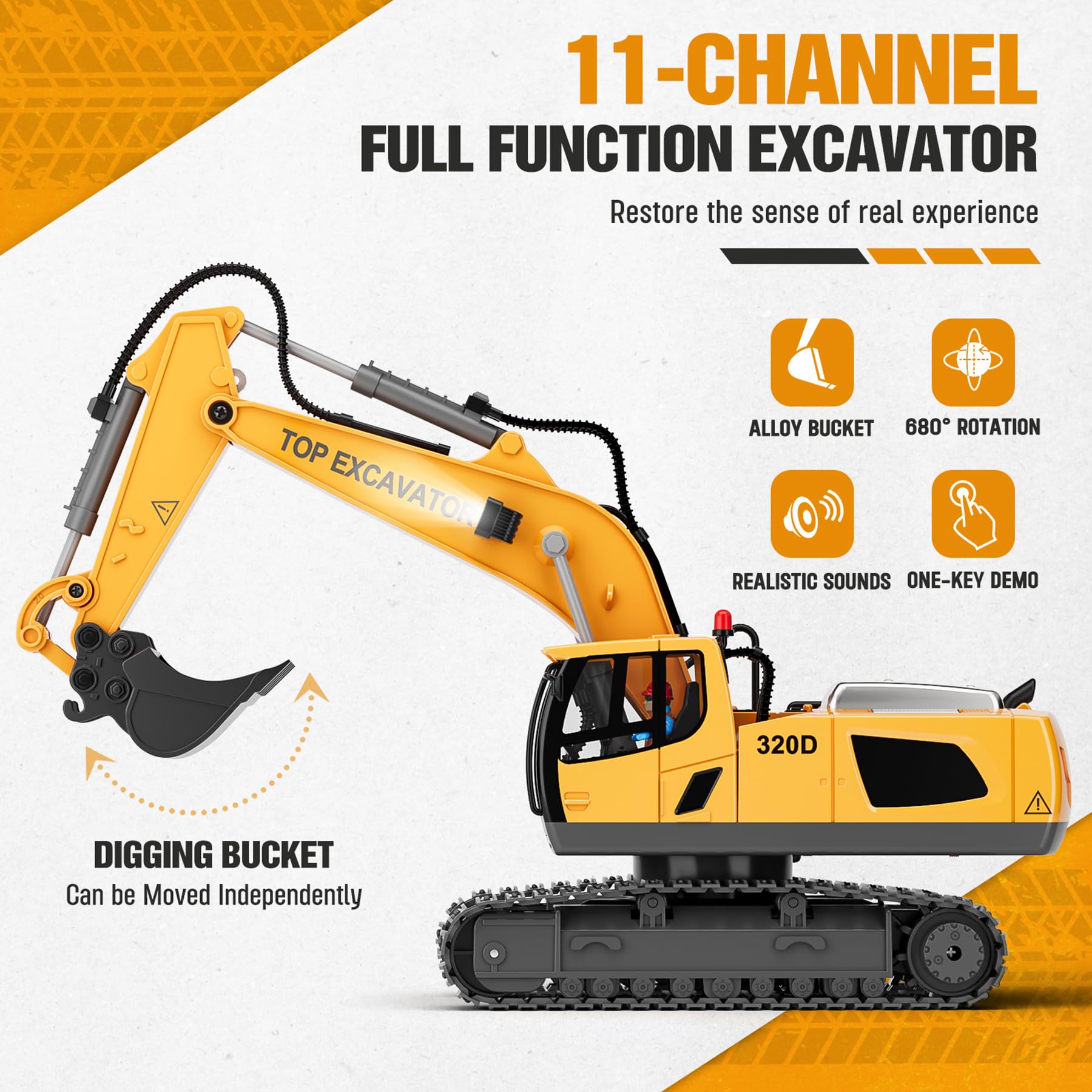 KIDMARKT Remote Control Excavator Toy for Boys | 11-Channel Metal Construction Truck with Lights, 2×1200mAh Batteries, 120-Min Playtime | RC Excavator