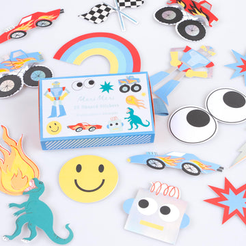 Meri Meri Toybox Icon Stickers (Pack of 25), 80s Theme Birthday Party Favors, Retro Decorative Stickers, Matchbox-Style Box, Easy Peel Back, Ages 3+