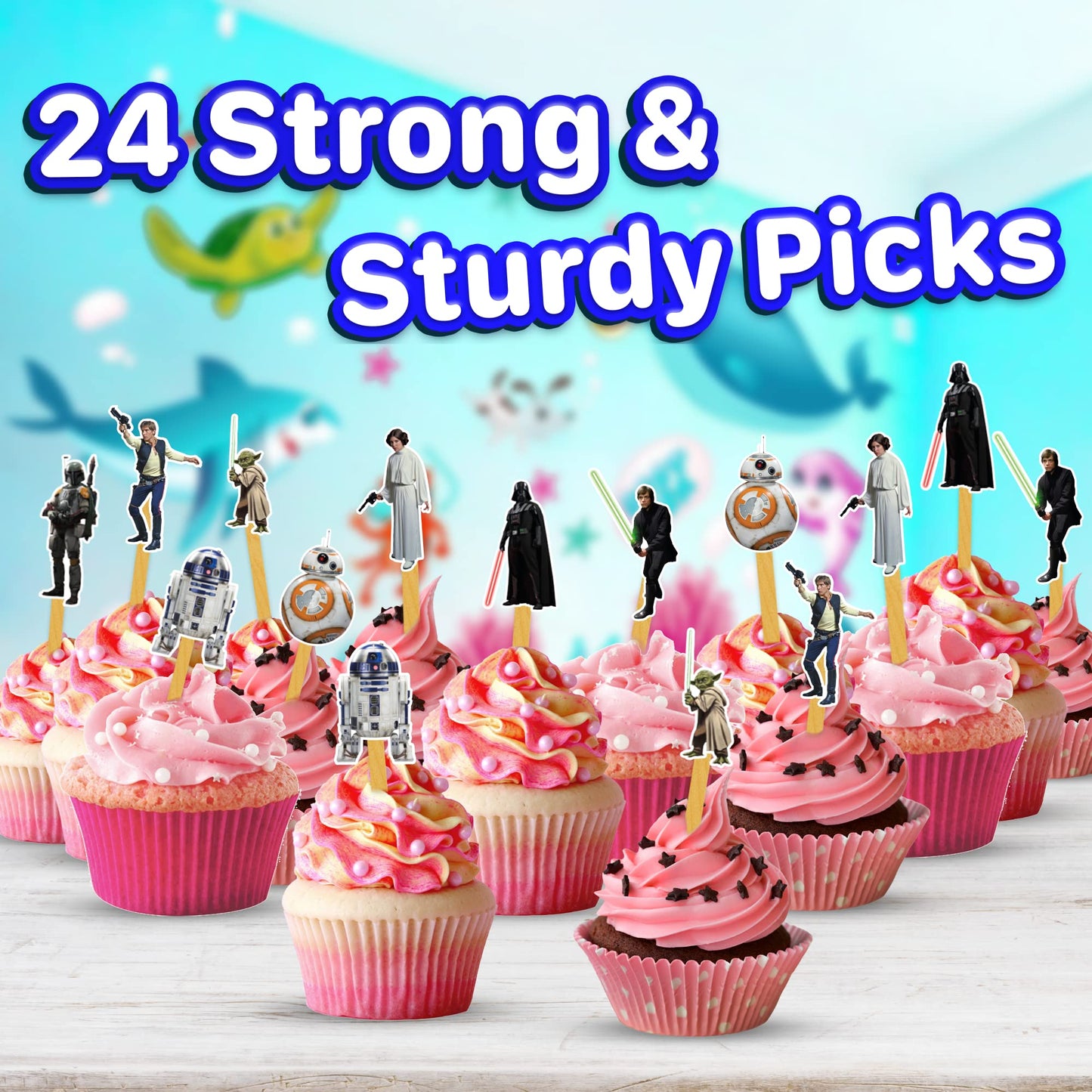 24x Galactic Space Cupcake Toppers - Durable Picks Happy Birthday Décor, Cupcake Decorations for Kids' Birthdays