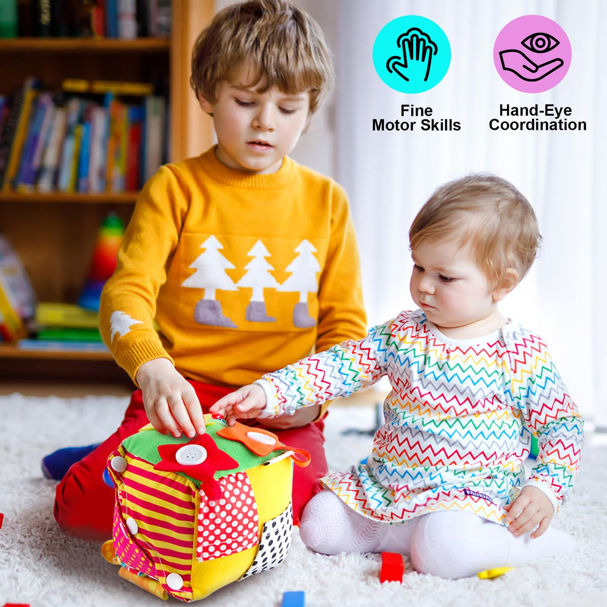 KAKIBLIN Cubic Activity Learning Toy with Zippers, Latches, Buckles, Laces, Snaps, Buttons and More - Perfect for Toddlers at Home, on Airplanes, Cars