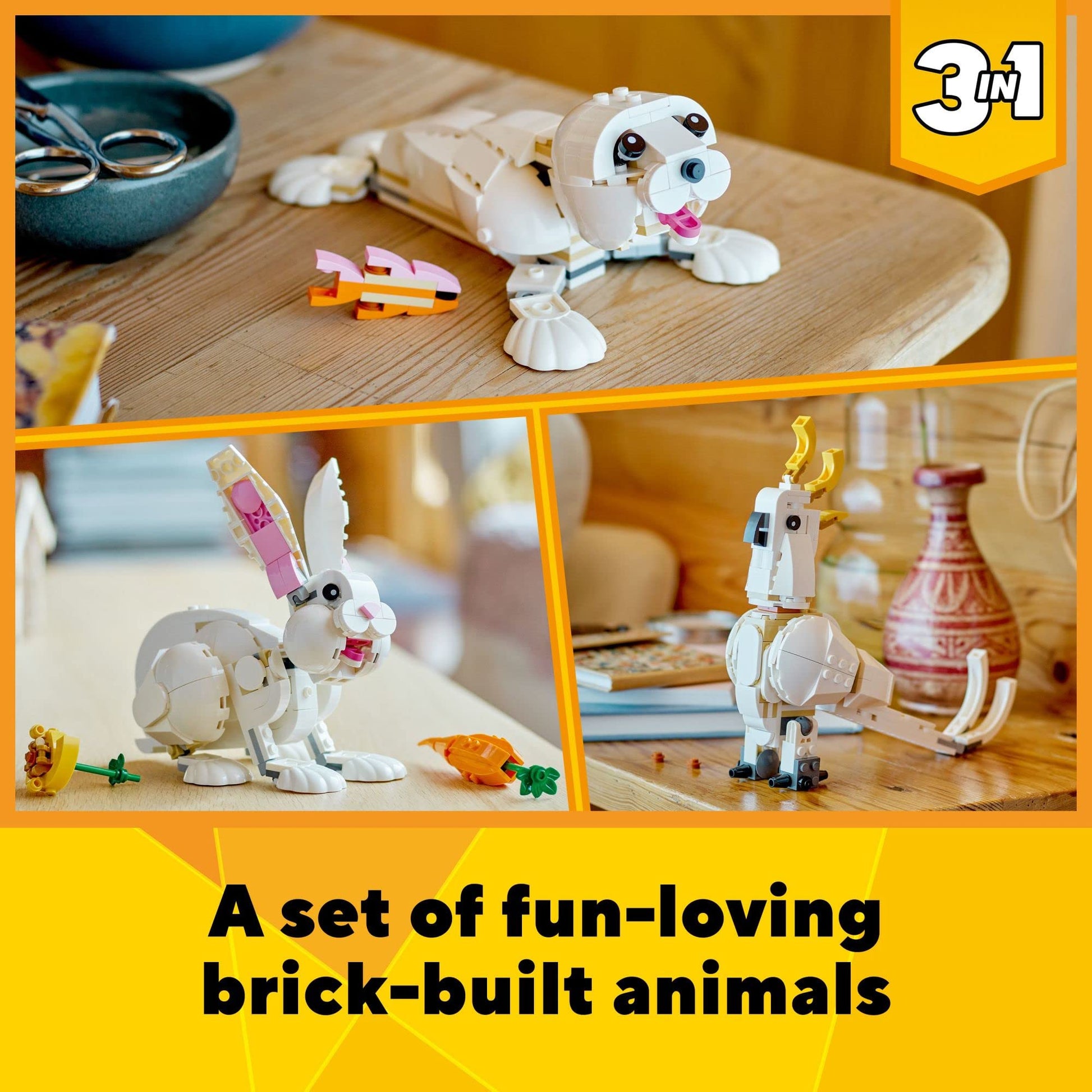 LEGO Creator 3 in 1 White Rabbit Animal Toy Building Set, STEM Toy for Kids 8+, Transforms from Bunny to Seal to Parrot Figures, Creative Play