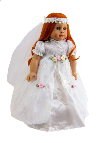 American Fashion World Bride Lace Wedding Dress w/ Roses + Pearls for 18-Inch Dolls | 2 Piece Set - Veil Included