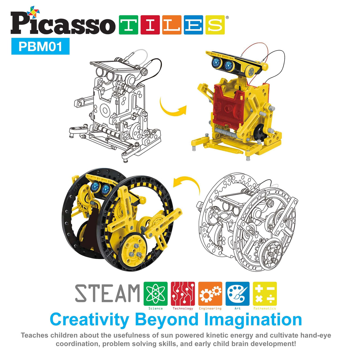 PicassoTiles 12-in-1 Solar Powered Transform Robot Set STEM Kids Educational Learning Engineering Building Toy Creative Unique Transformation Energy