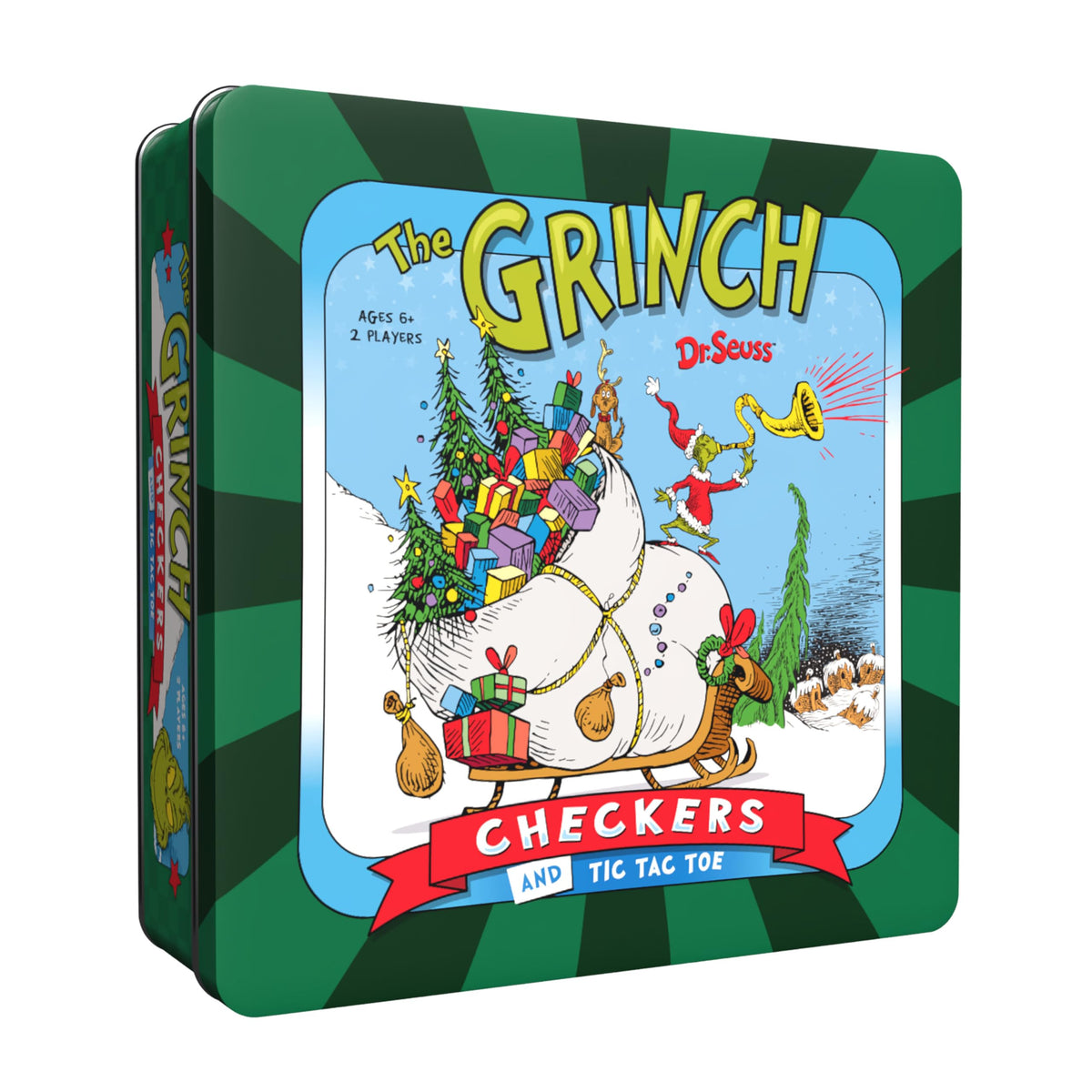 Grinch Checkers & Tic Tac Toe Board Game, 2 Games in One Set, Custom Double-Sided Board, Featuring Grinch and Whoville Token Pieces, Officially
