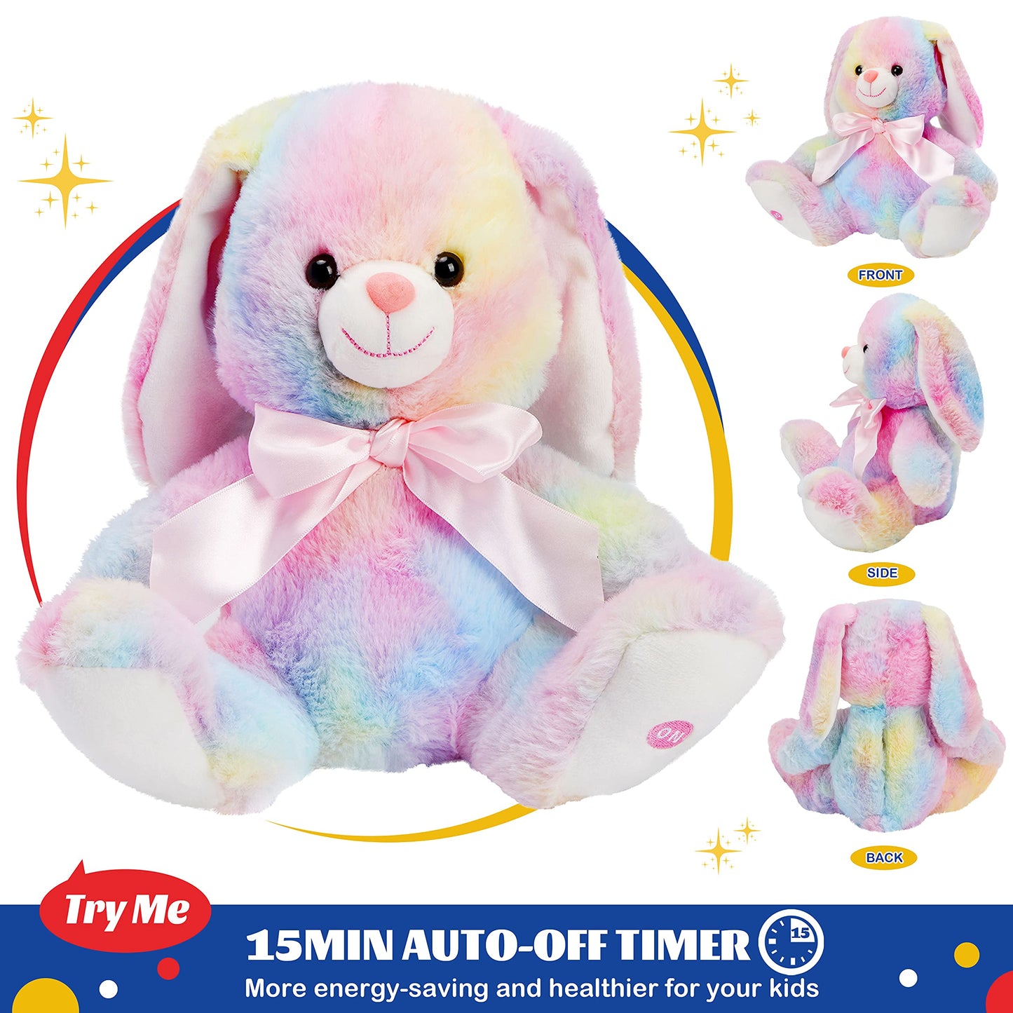 Glow Guards 10'' Easter Light up Rainbow Bunny Stuffed Animal,Soft Glowing Rabbit Plush Toy with Lop Eared Night Light,Birthday Christmas
