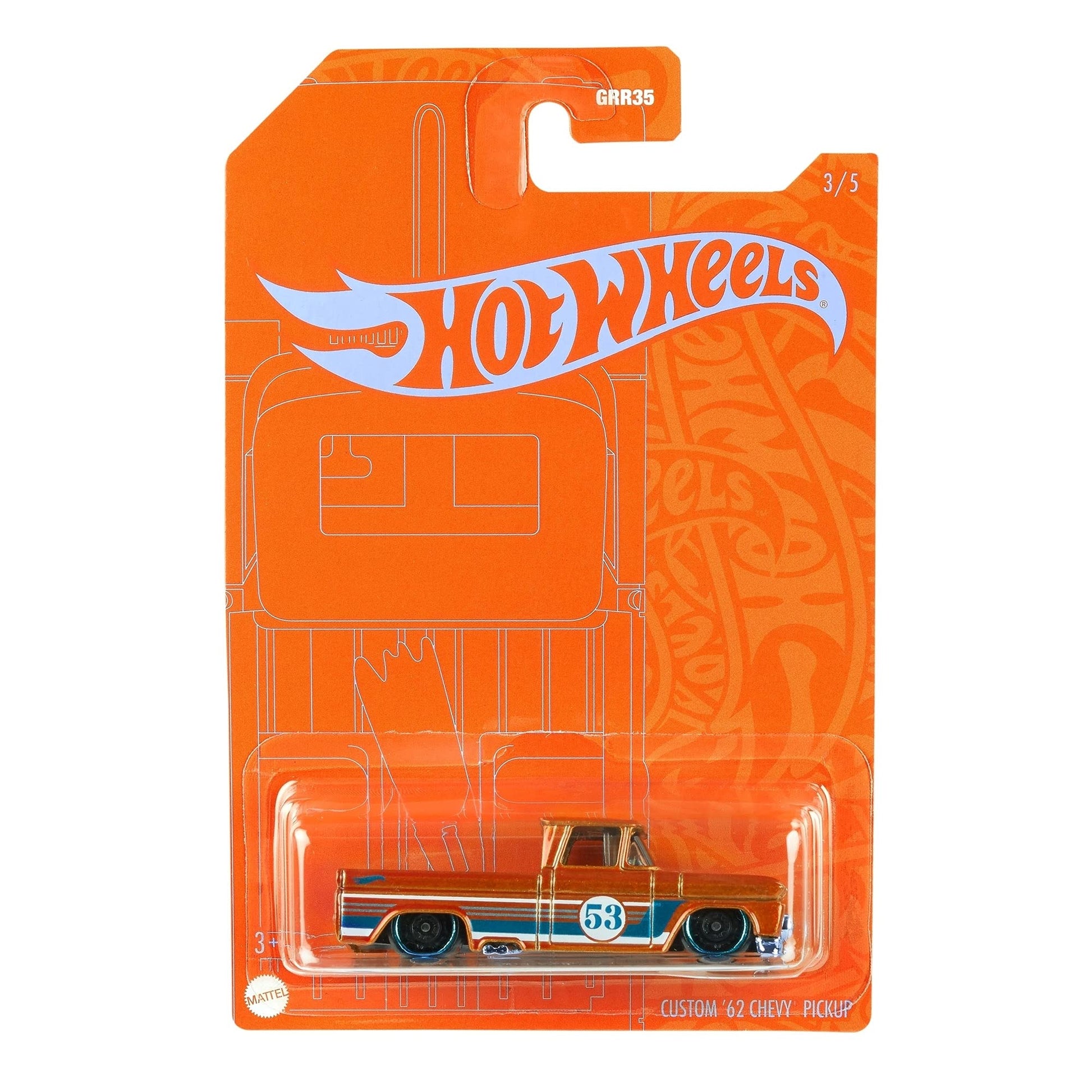 Hot Wheels Orange & Blue 53rd Anniversary Custom '62 Chevy Pickup Truck 3/5 DieCast 1:64th Scale