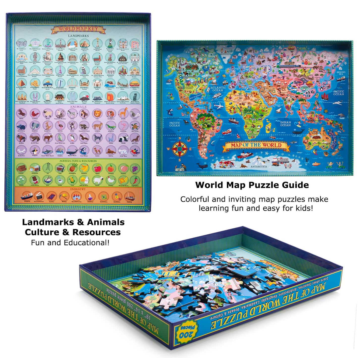 MOTYAWN 200 Pieces World Map Puzzle for Kids & Adults, World Map Jigsaw Puzzle Floor Puzzles Toddler Geography Educational Toys for Boys and Girls