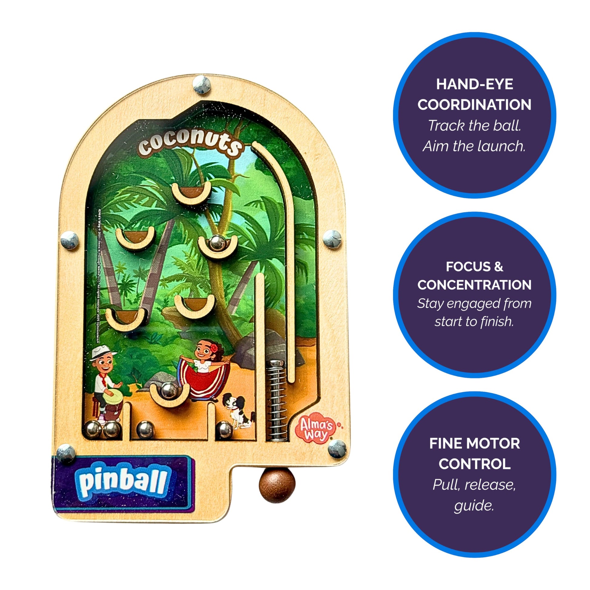 Upbounders® Alma’s Way™ Coconuts Wooden Pinball - Hand-Held Travel Pinball Toy for Kids 3+ - Island Adventure Screen-Free Play