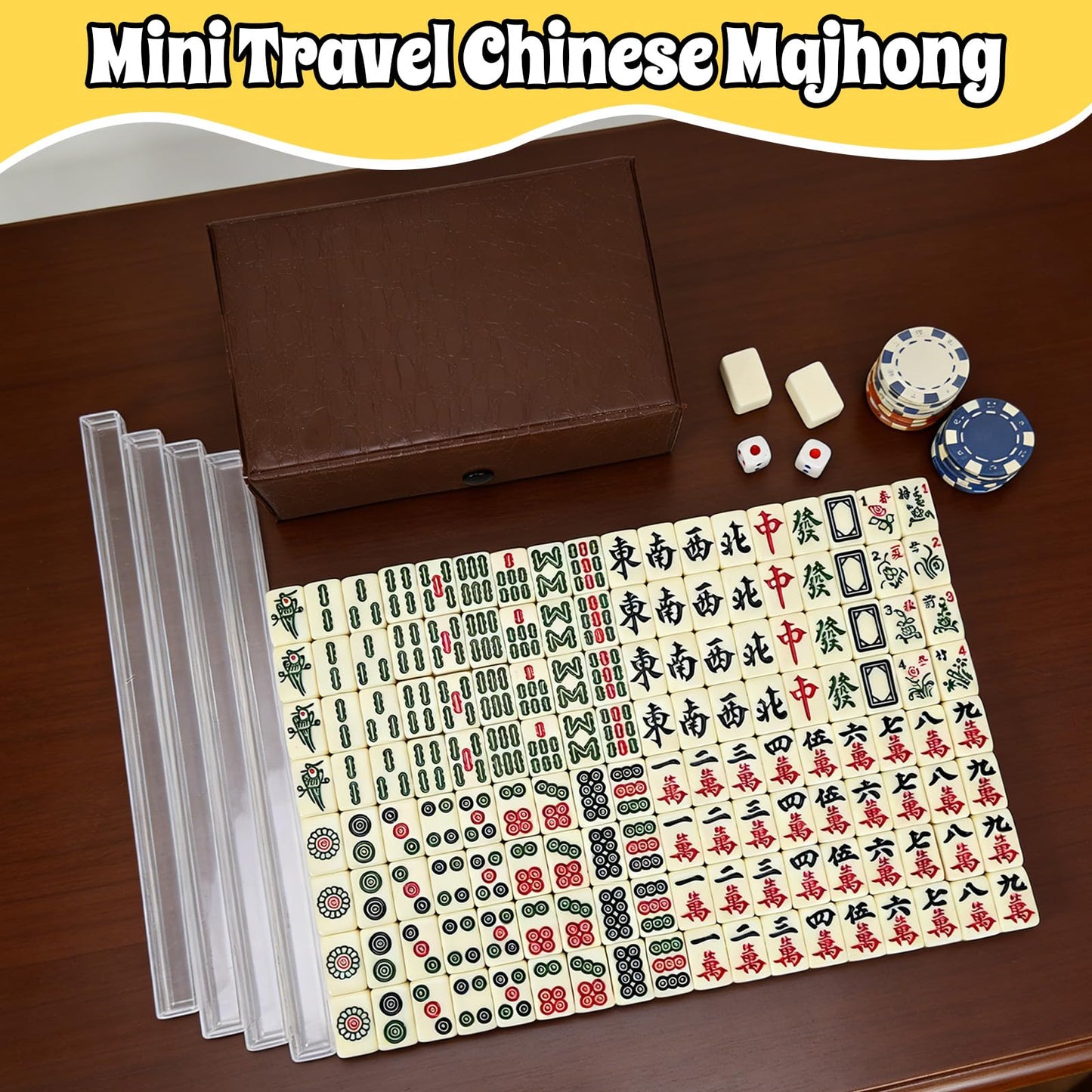 Xelbreelark Portable Mini Mahjong Set with Storage Case,144 Chinese Tiles,2 Game Dice and 4-in-1 Rack for Travel,no Joker Tiles,Camping,Family