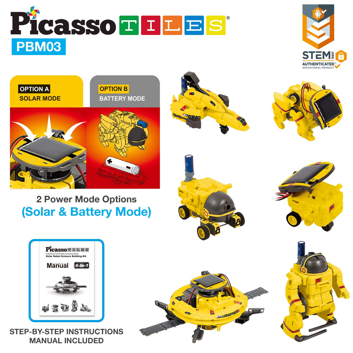 PicassoTiles STEM Kids Solar Powered Space Robot Educational Learning Engineering Building Toy 6-in-1 Creative Unique Transformation Renewable Sun