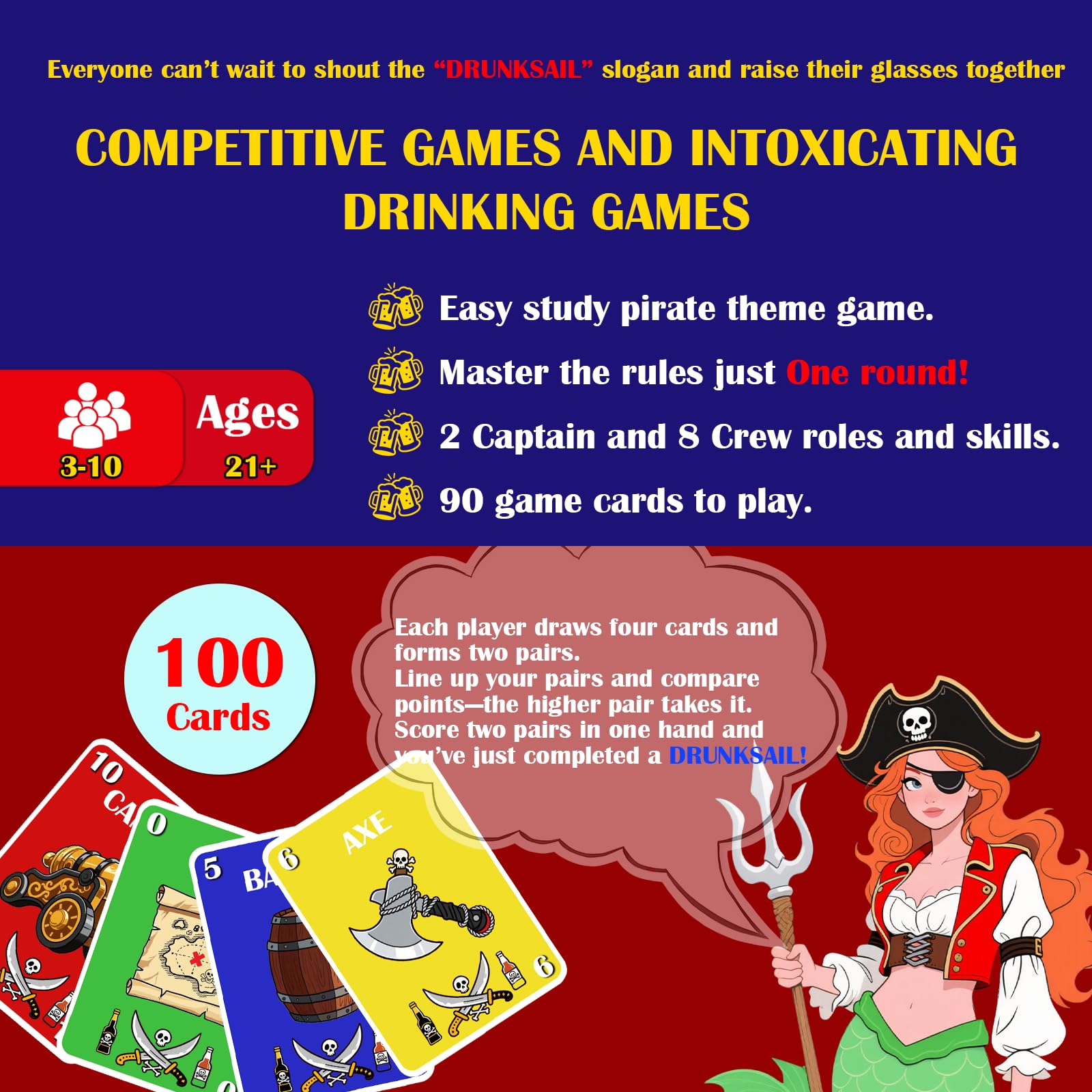 DRUNKSAIL Pirate Party Drinking Games for Adults, 3-10 Player Parties Board Game | 100 Cards Social Game | Easy Rules for Fun Party & Game Night