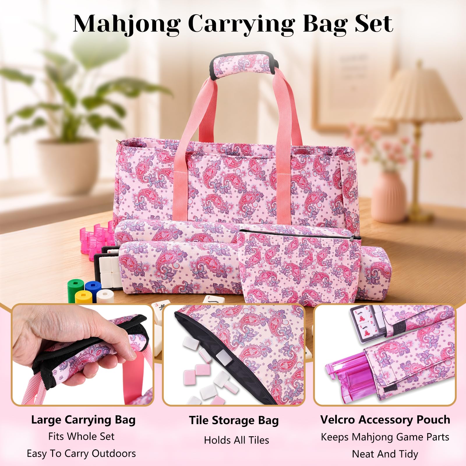 Roneenz American Mahjong Set with Mat and Racks - 166 Pink Tiles, 4 All-in-One Color Rack/Pushers, Chips & Dice, Pink Carrying Bag - Complete Portable