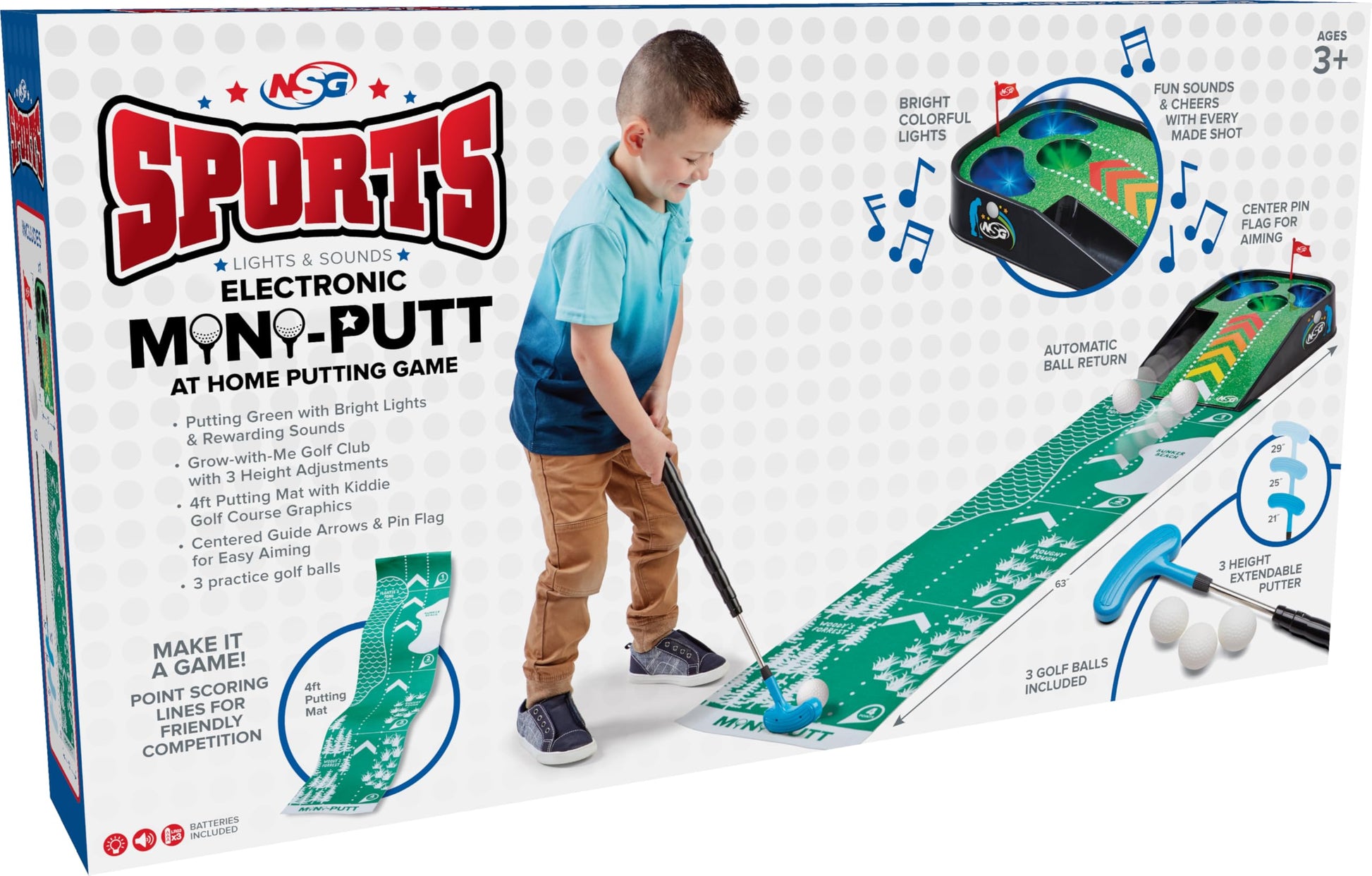 NSG Electronic Mini Golf Putting Game for Kids - Indoor Golf Toy with 4ft Mat, Aiming Pin Flag, Auto Ball Return, Cheers & Sounds, Lights, 3 Balls
