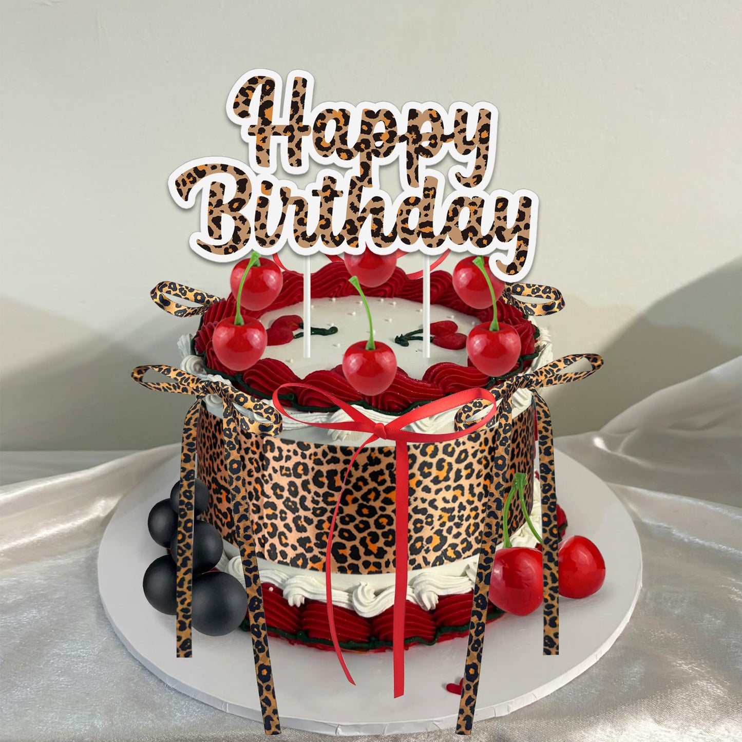 41PCS Leopard Cherry Cake Decorations Bow Toppers for Birthday Wedding and Baby Shower Cherries Fruit Decor for Birthday Party Decorations