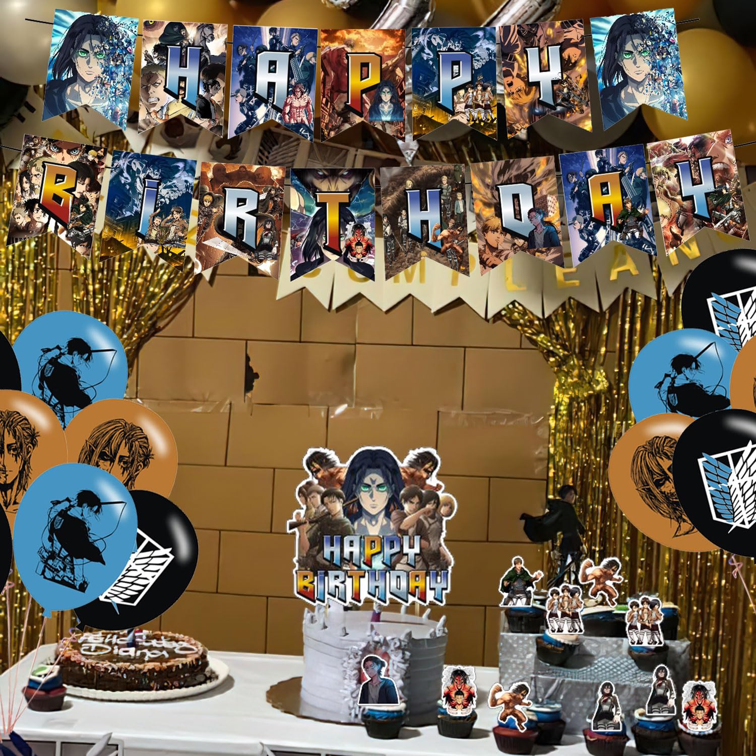 Attack Anime Theme Party Supplies - Birthday Banner, Cake Topper, Latex Balloons