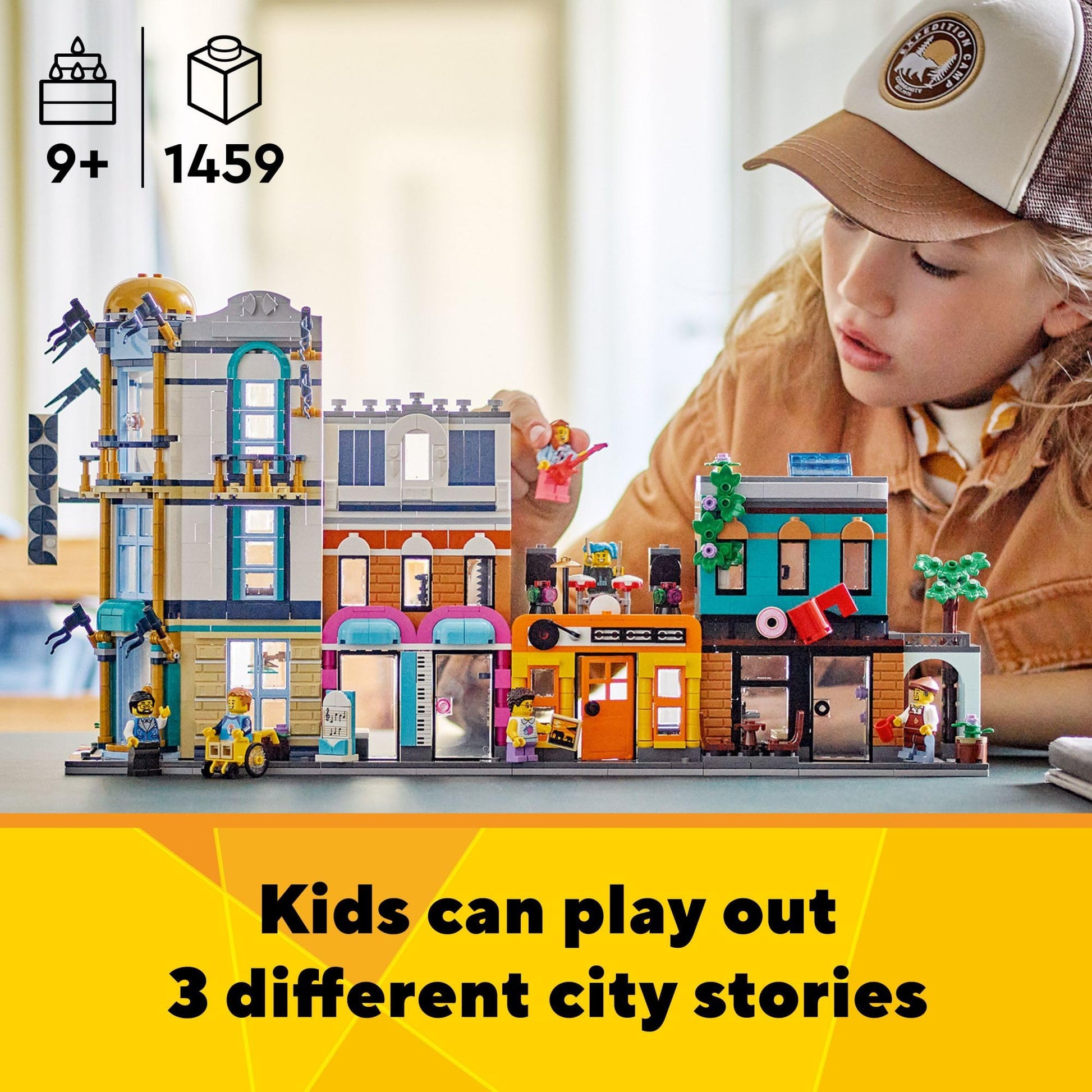 LEGO Creator 3 in 1 Main Street Building Toy Set, Features a Toy City, Art Deco Building, Market Street, Hotel, Café, Music Store and 6 Minifigures,