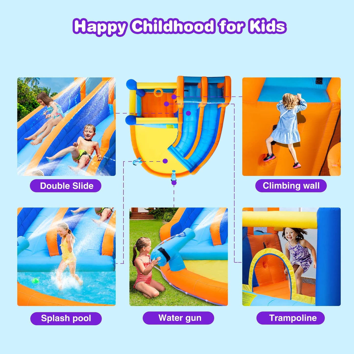 JOYLDIAS Inflatable Water Slide Bounce House,Giant Water Park, Double Slide Bouncer Castle w/Splash Pool, Jump Area, Climbing Wall, 550W Air Blower