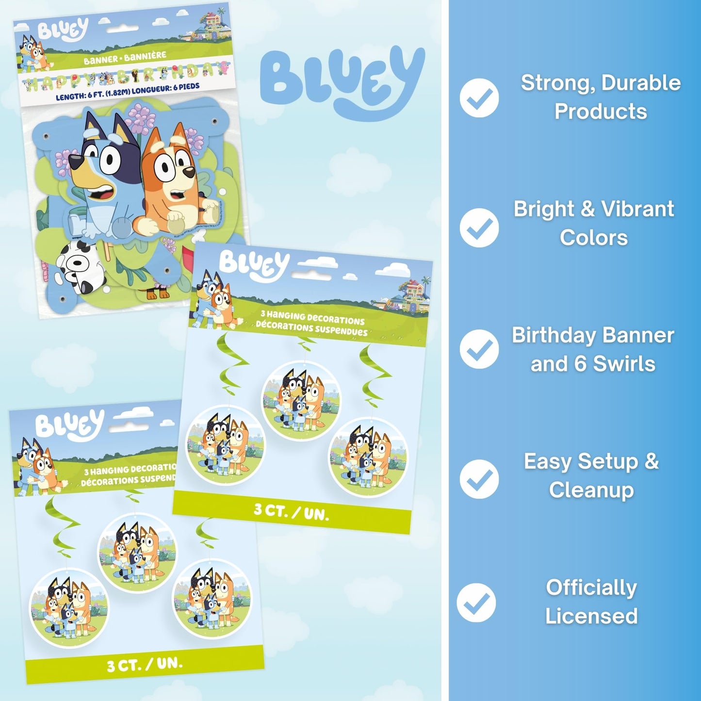 Bluey Birthday Banner and 6 Hanging Swirls | Bluey Birthday Decorations | Party Supplies | Officially Licensed