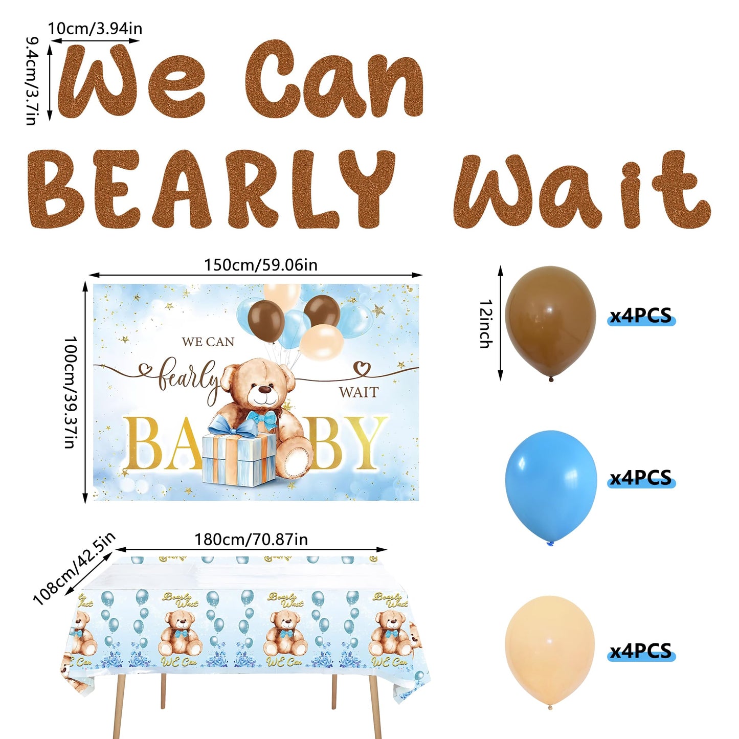 16PCS Blue Bear Baby Shower Decorations Party Supplies Balloon Tablecloth Backdrop Banner Blue and Brown Baby Shower Decorations