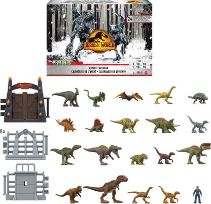 Mattel Jurassic World Dominion Advent Calendar, 24-Day Countdown, Daily Surprise of Mini Dinos, Humans & Gate Pieces, Holiday Gift
