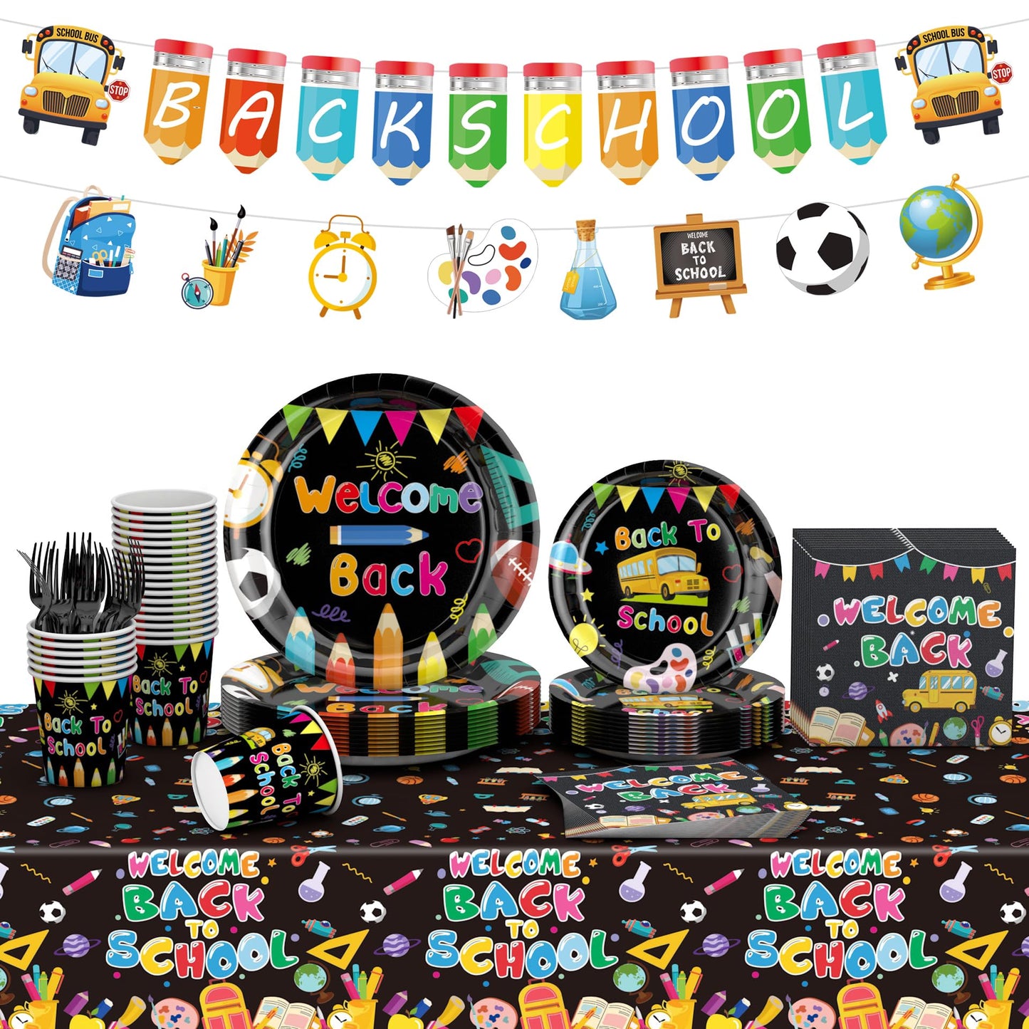 122 PCS Back to School Party Supplies, Disposable Tableware Set Include Back to School Plates and Napkins, Cups, Forks, Banner and Tablecloth