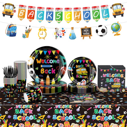 122 PCS Back to School Party Supplies, Disposable Tableware Set Include Back to School Plates and Napkins, Cups, Forks, Banner and Tablecloth
