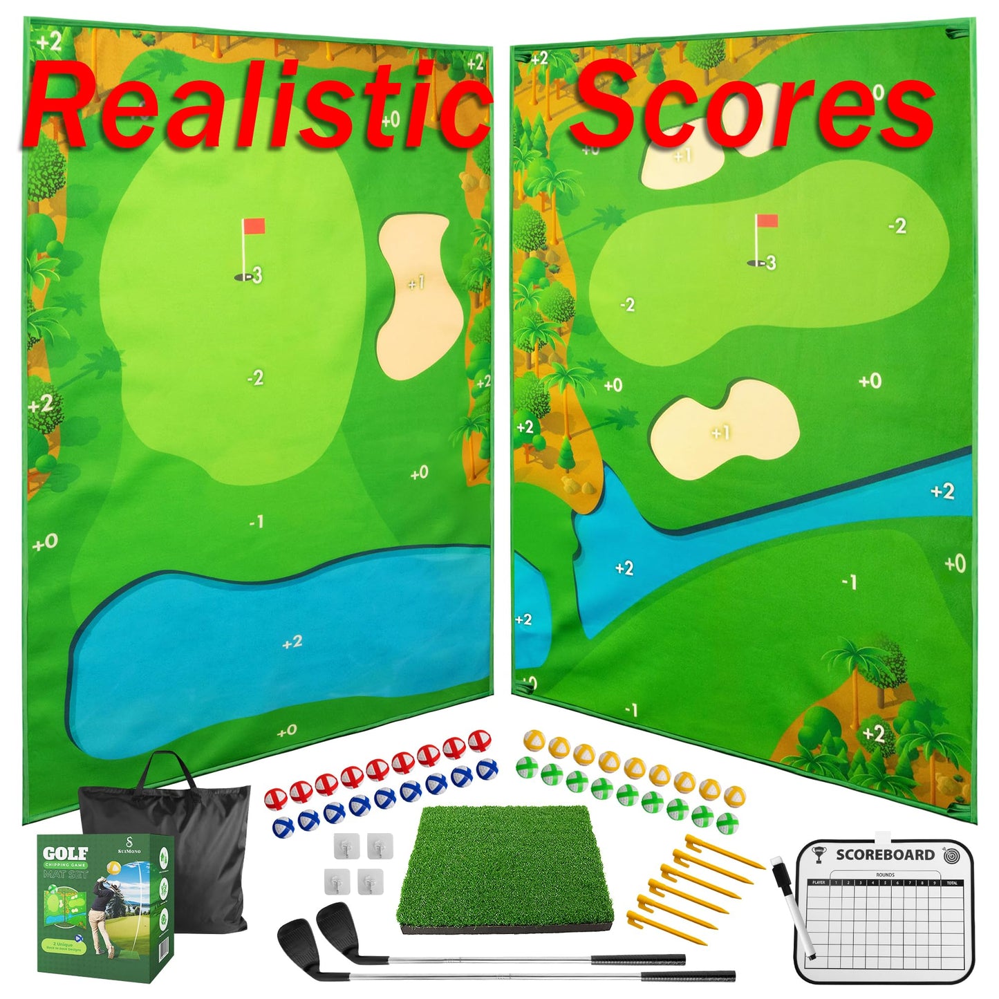 Battle Golf Game - Dual-Sided Mat, Realistic Course Design & Scoring System, Adjustable Height Clubs - Thick Grass-Like Chipping Mat