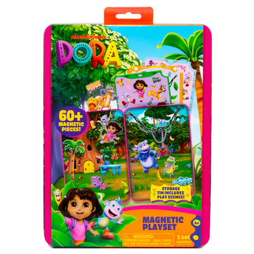 Dora Magnetic Playset, 75 Characters & Accessories, Reusable Storage Tin and Play Scene, Fun Toddler Toys, Mess Free Airplane Toy, Travel Games & Road