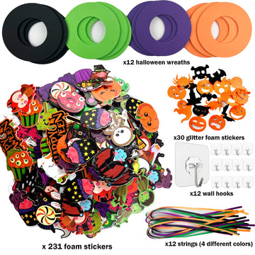 Halloween Crafts for Kids 12 Sets, DIY Wreaths Halloween Activities for Toddlers, Bulk Foam Stickers, Trick or Treat Gift Party Favors for Girls or