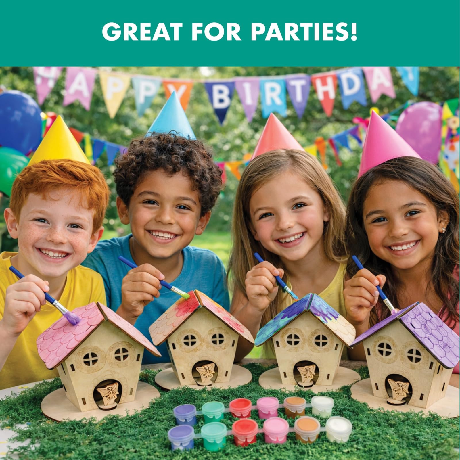 Magical Valley Fairy House Craft Kit 4-Pack for Kids, DIY Wooden Fairy Houses with Paint & Accessories, Arts & Crafts for Kids, Party Activity Kit