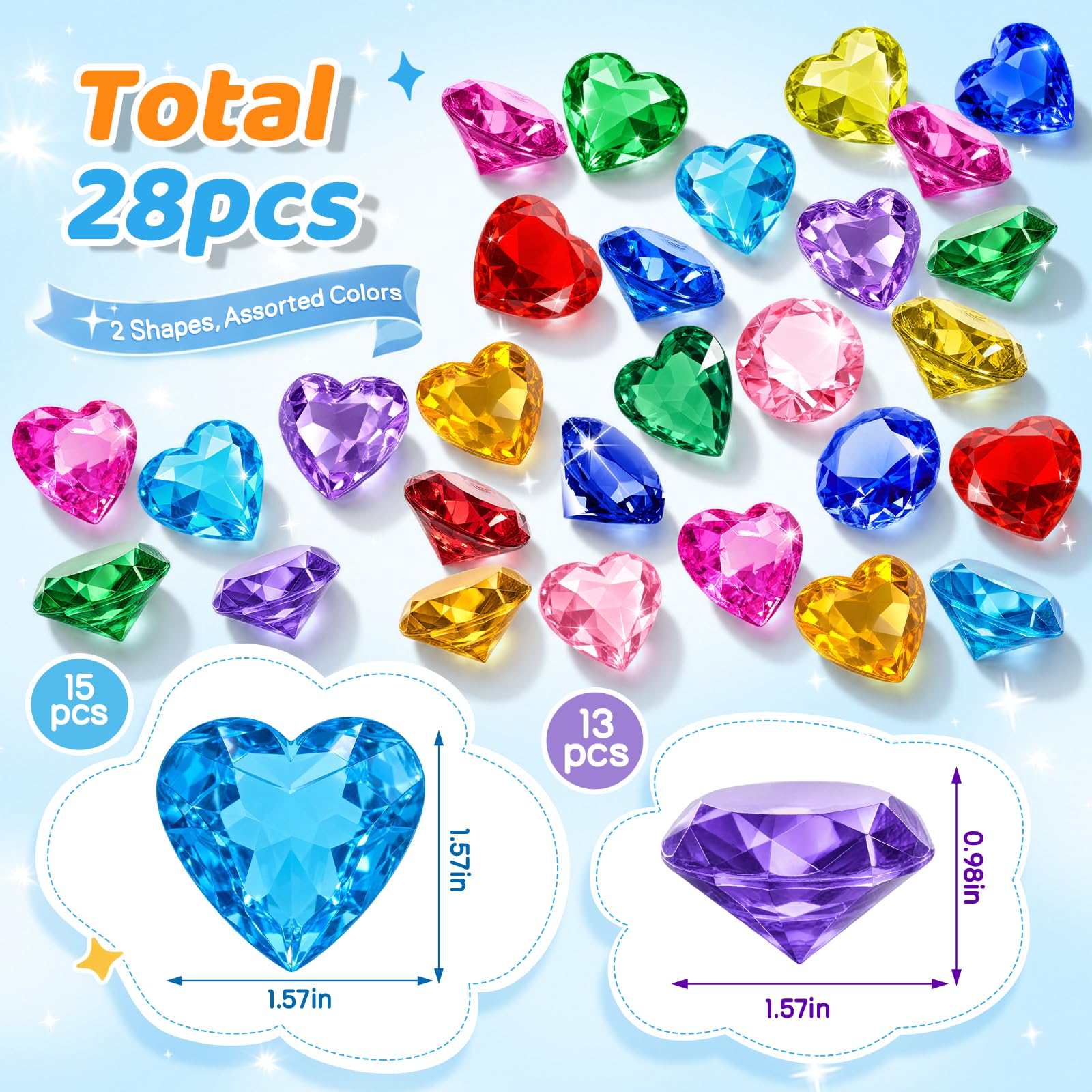 Niceup 28pc Diving Gems Pool Toys, 40mm Acrylic Diamonds and Hearts