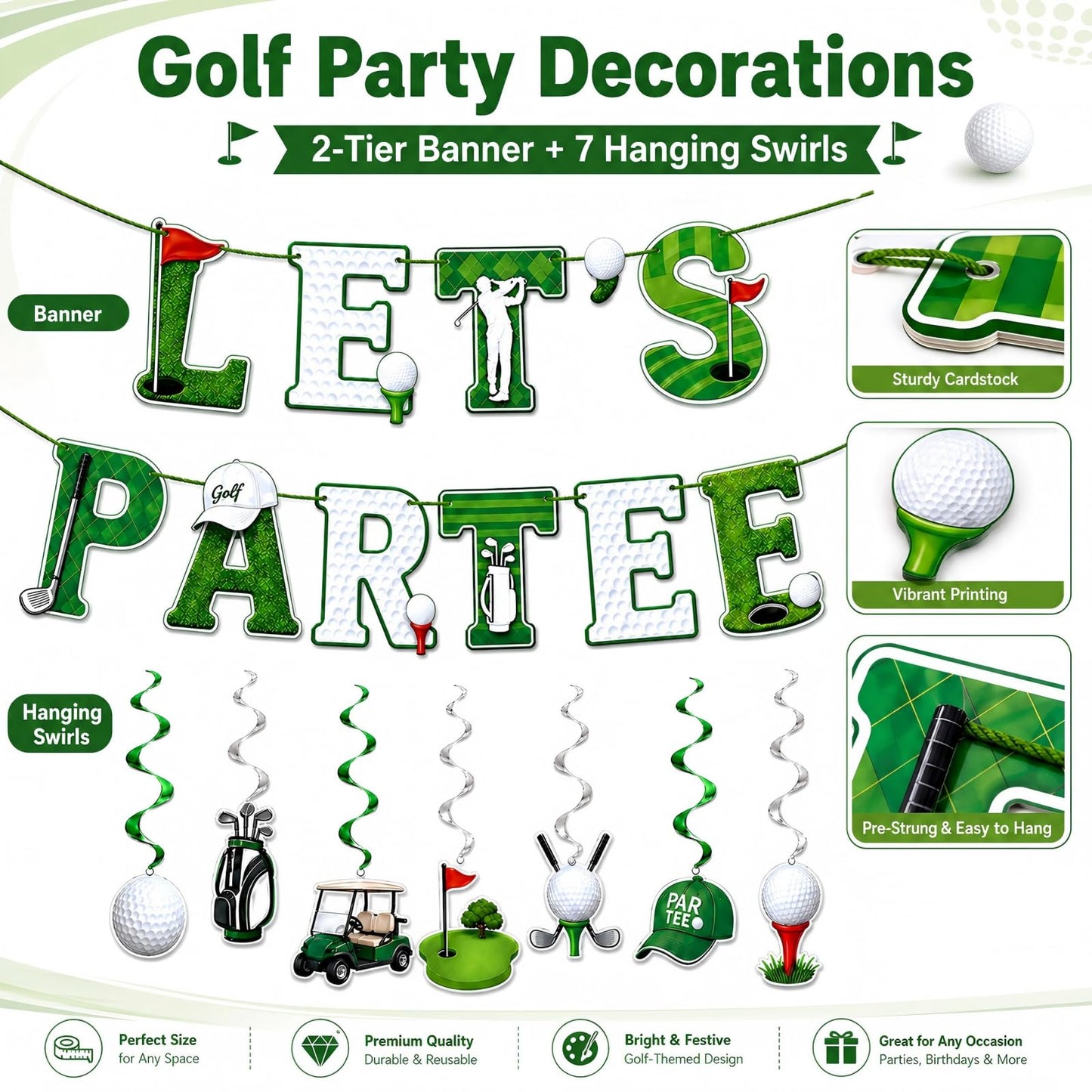 Golf Birthday Decorations - Golf Birthday Banner and 6 Hanging Swirls