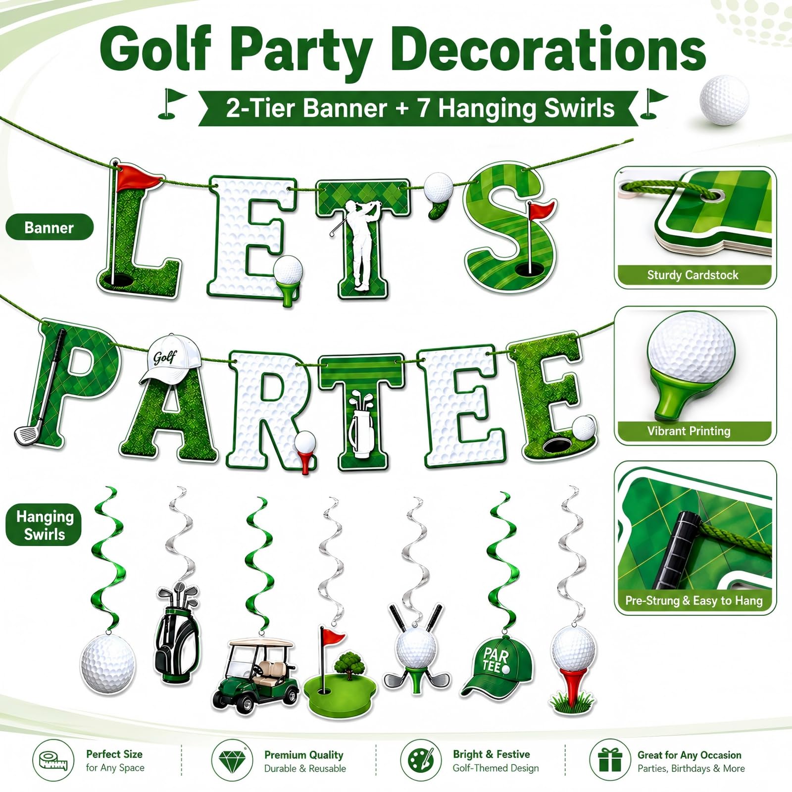 Golf Birthday Decorations - Golf Birthday Banner and 6 Hanging Swirls