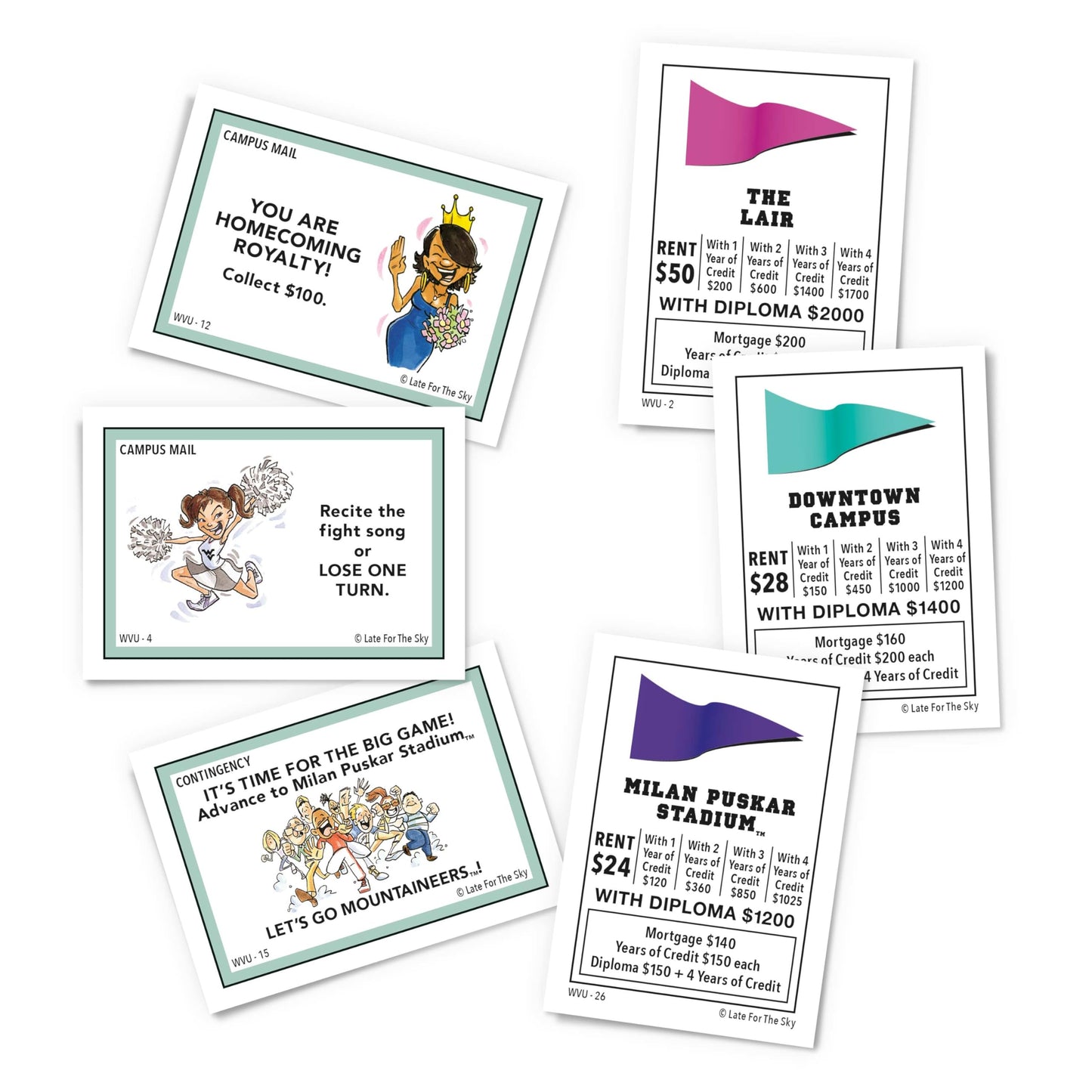 Late for the Sky West Virginia-Opoly Board Game - WVU Campus Edition, Family Strategy Game for 2-6 Players, College Town Tokens, Fast One-Hour or
