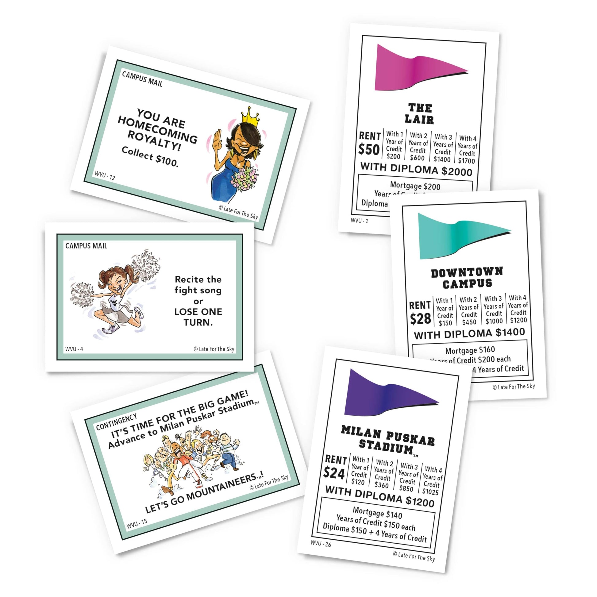 Late for the Sky West Virginia-Opoly Board Game - WVU Campus Edition, Family Strategy Game for 2-6 Players, College Town Tokens, Fast One-Hour or