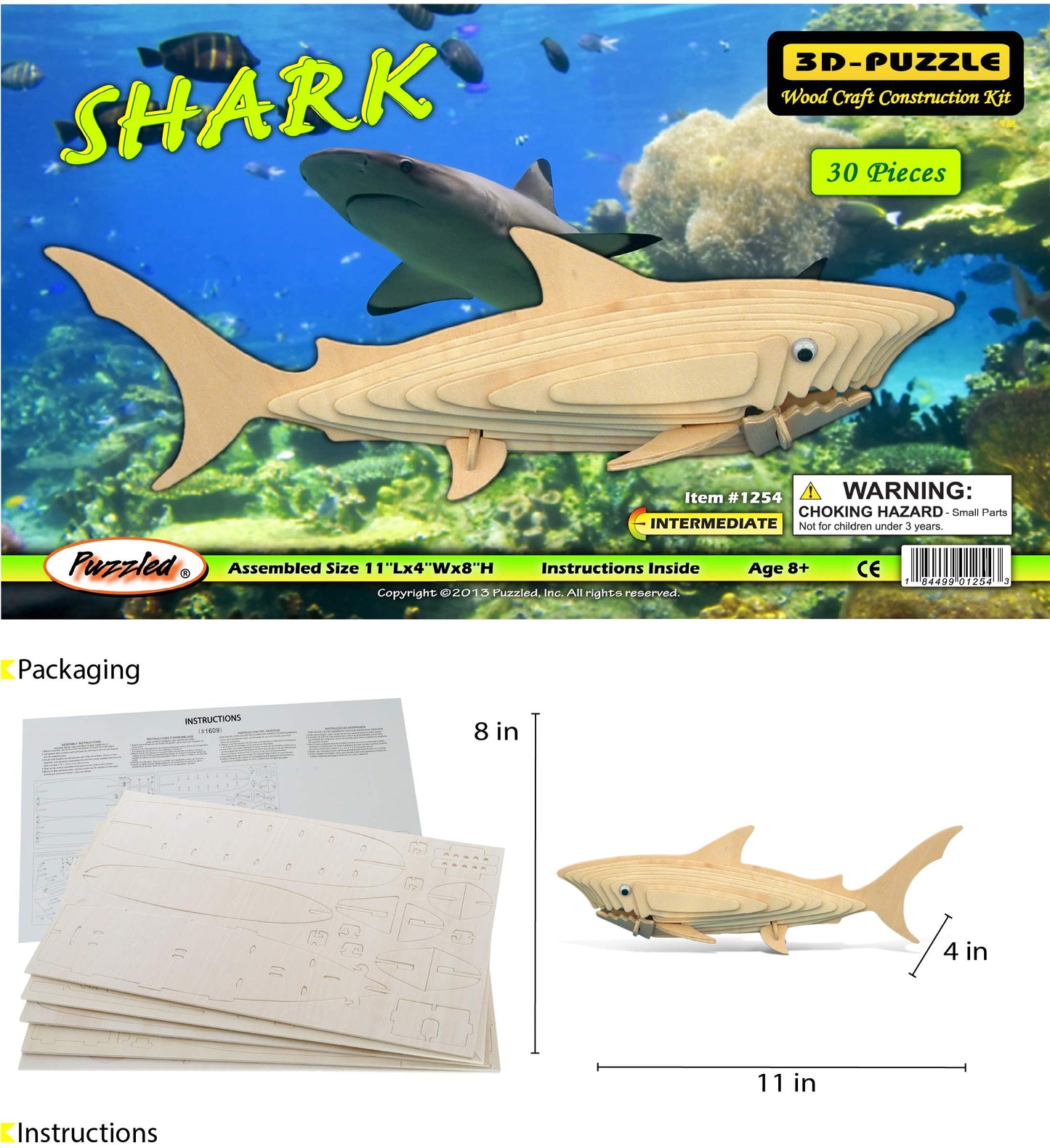 Puzzled 3D Puzzle Shark Wood Craft Construction Model Kit, Fun Unique and Educational DIY Wooden Toy Assemble Model Unfinished Crafting Hobby Puzzle