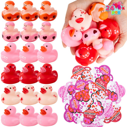 JOYIN 24 Pcs Valentine’s Day Gift Cards with Rubber Duck for Kids,Mini Rubber Duck Bath Toys for Classroom Exchange Prizes, Valentine Party Favors
