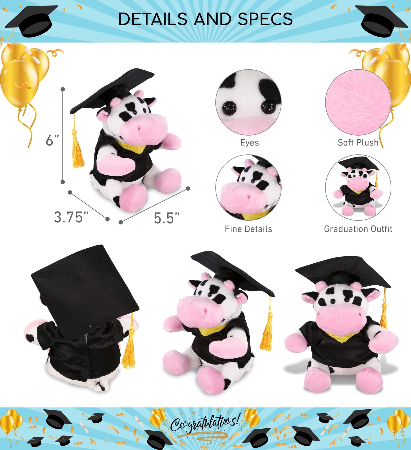DolliBu Cow Graduation Plush Toy - Soft Huggable Graduation Stuffed Animal Dress Up with Gown and Cap with Tassel Outfit - Cute Graduation Gift