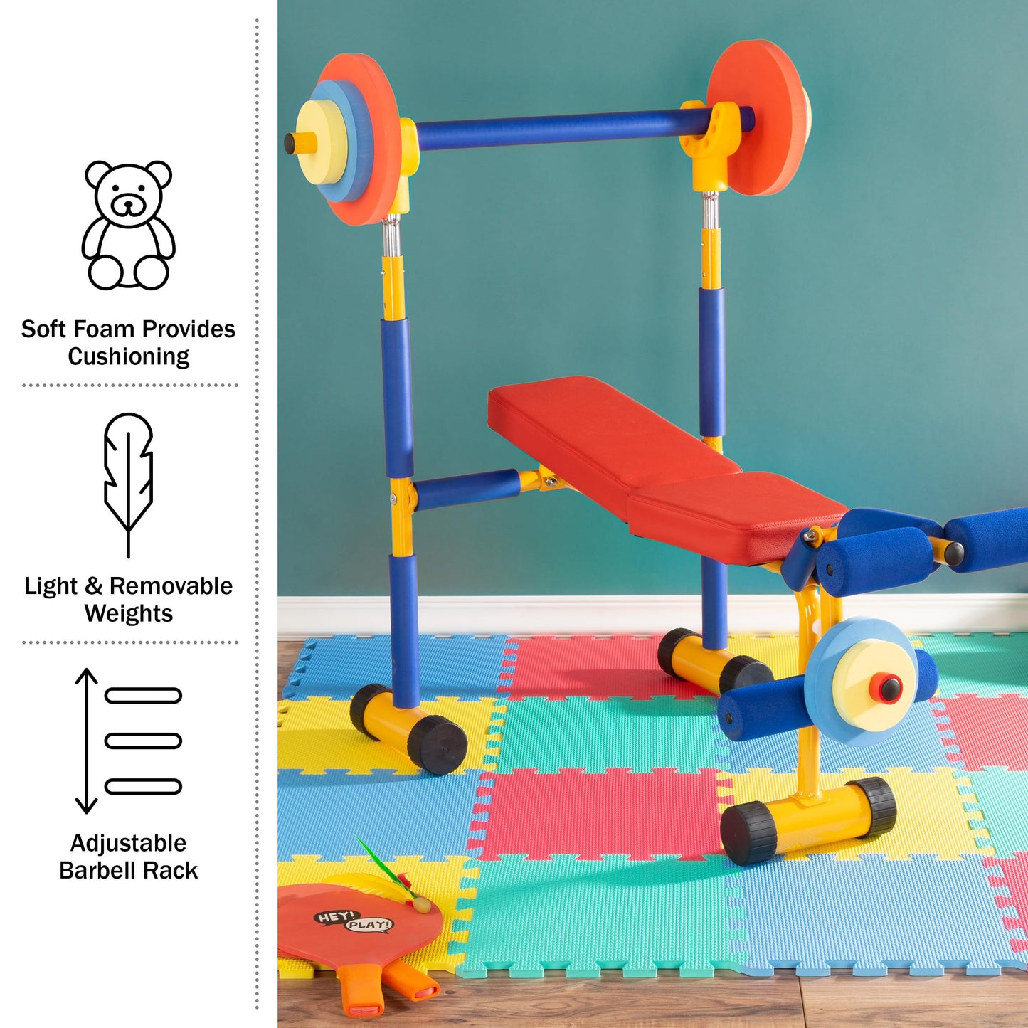 Hey! Play! Kids Exercise Equipment Collection: Strength Training, Cardio, Endurance, and Active Play Essentials - Kids Weight Bench Set