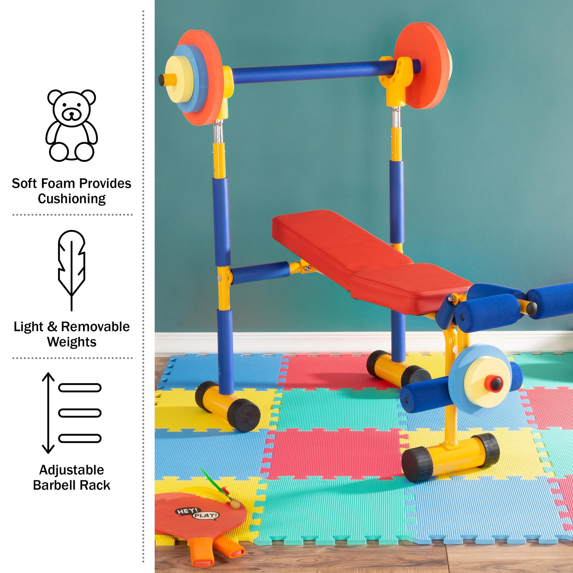 Hey! Play! Kids Exercise Equipment Collection: Strength Training, Cardio, Endurance, and Active Play Essentials - Kids Weight Bench Set