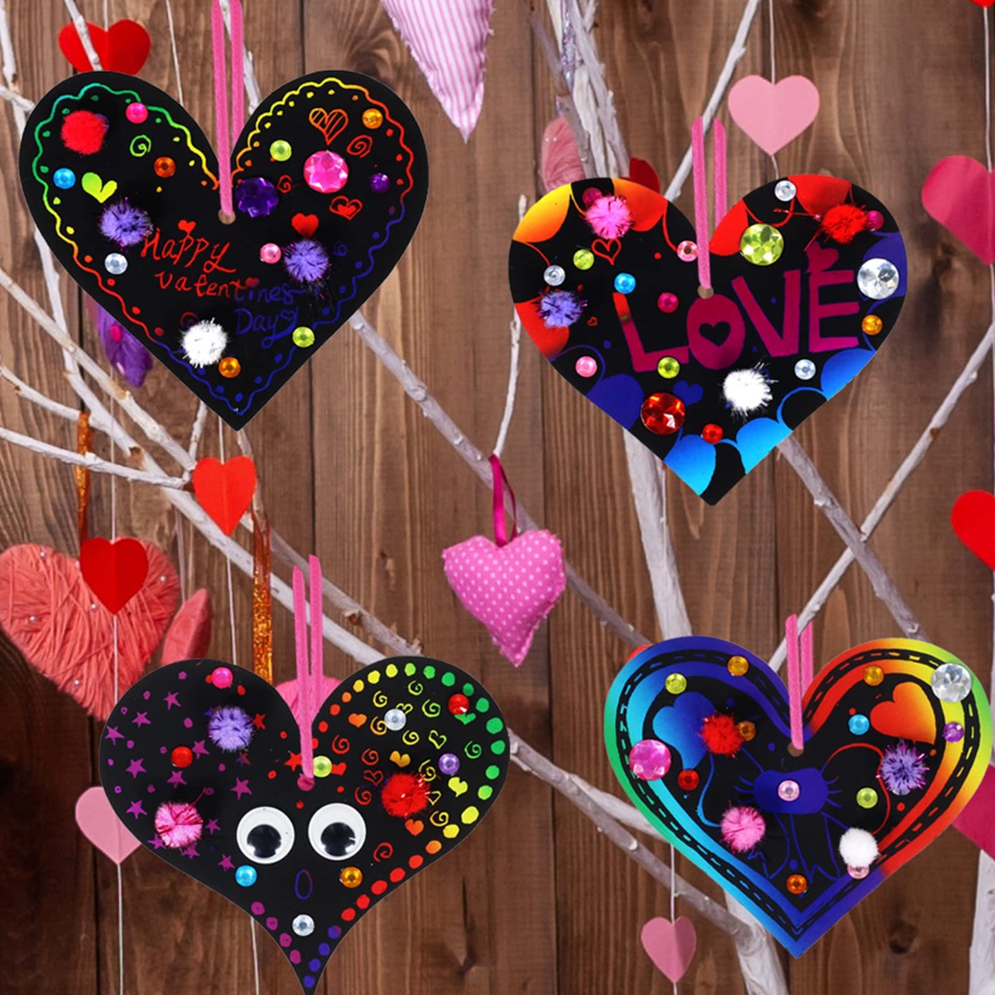 27 Sets Magic Color Scratch Paper Heart Ornaments Bookmarks Valentine Craft Kits Scratch Paper Heart Cutouts Pom-poms Googly Eyes for Kids Activity