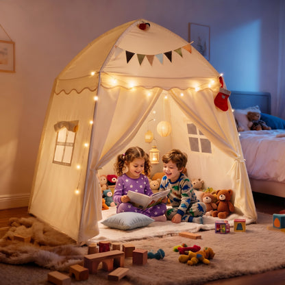 Large Kids Play Tent Indoor with Padded Mat Lights - 59x39x59in Teepee Playhouse with Flags Storage Bag - Cozy Reading Nook Nap Bed Tent - Birthday